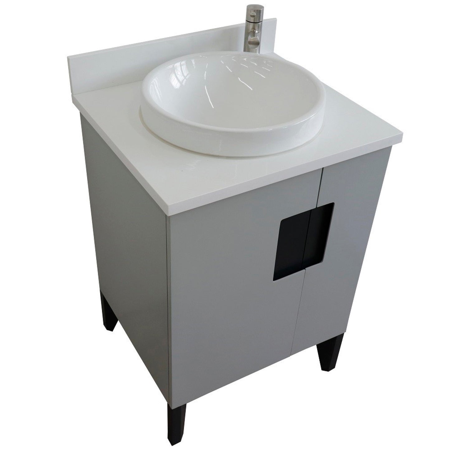 25" Single sink vanity in Light Gray finish with White engineered stone and round sink