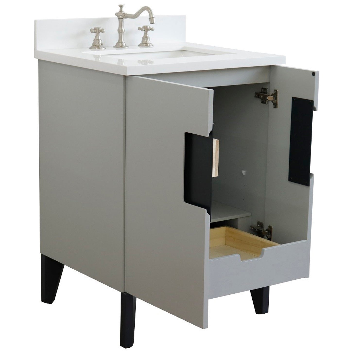 25" Single sink vanity in Light Gray finish with White engineered stone and rectangle sink