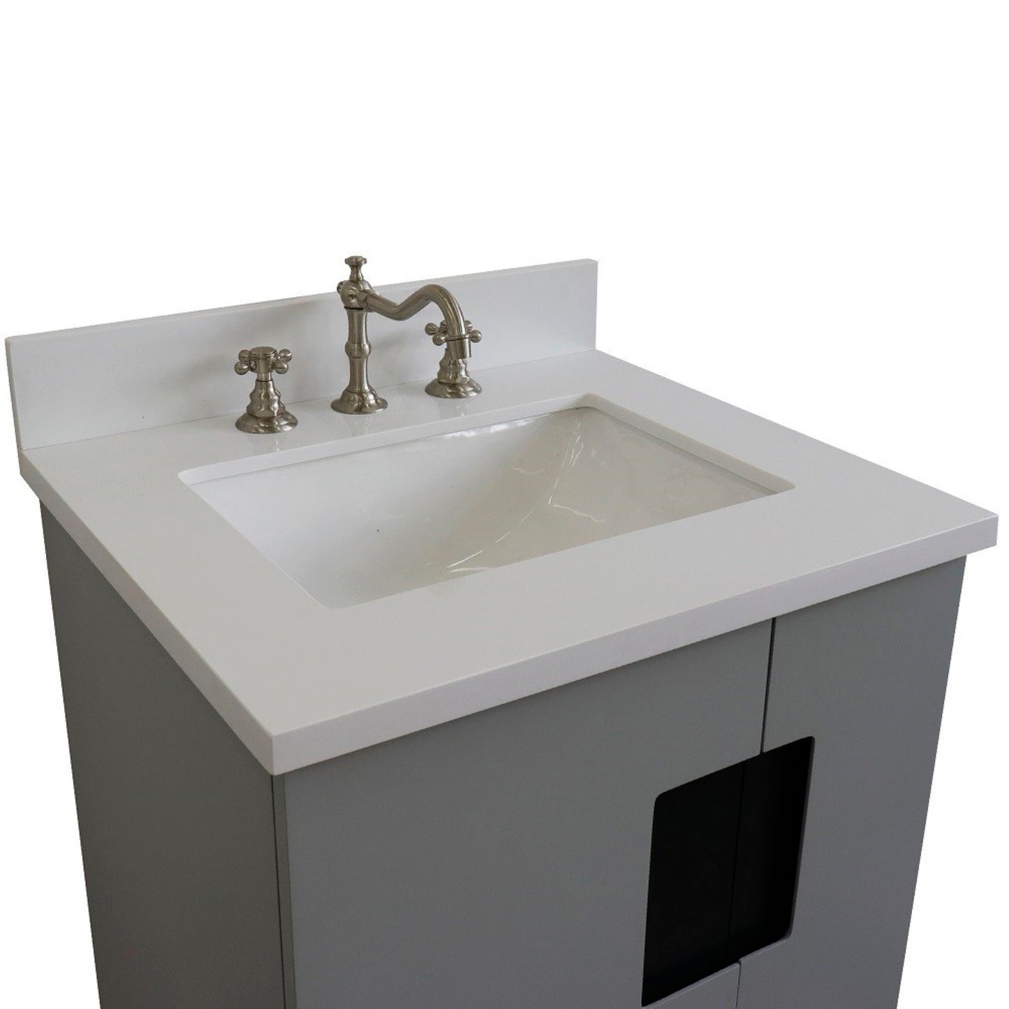 25" Single sink vanity in Light Gray finish with White engineered stone and rectangle sink