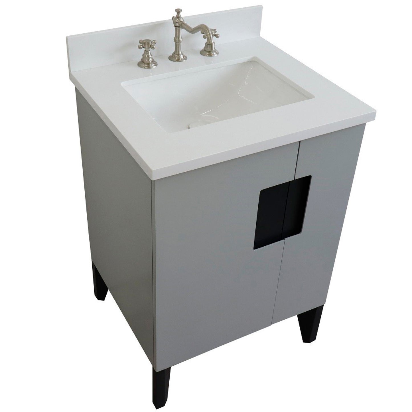 25" Single sink vanity in Light Gray finish with White engineered stone and rectangle sink