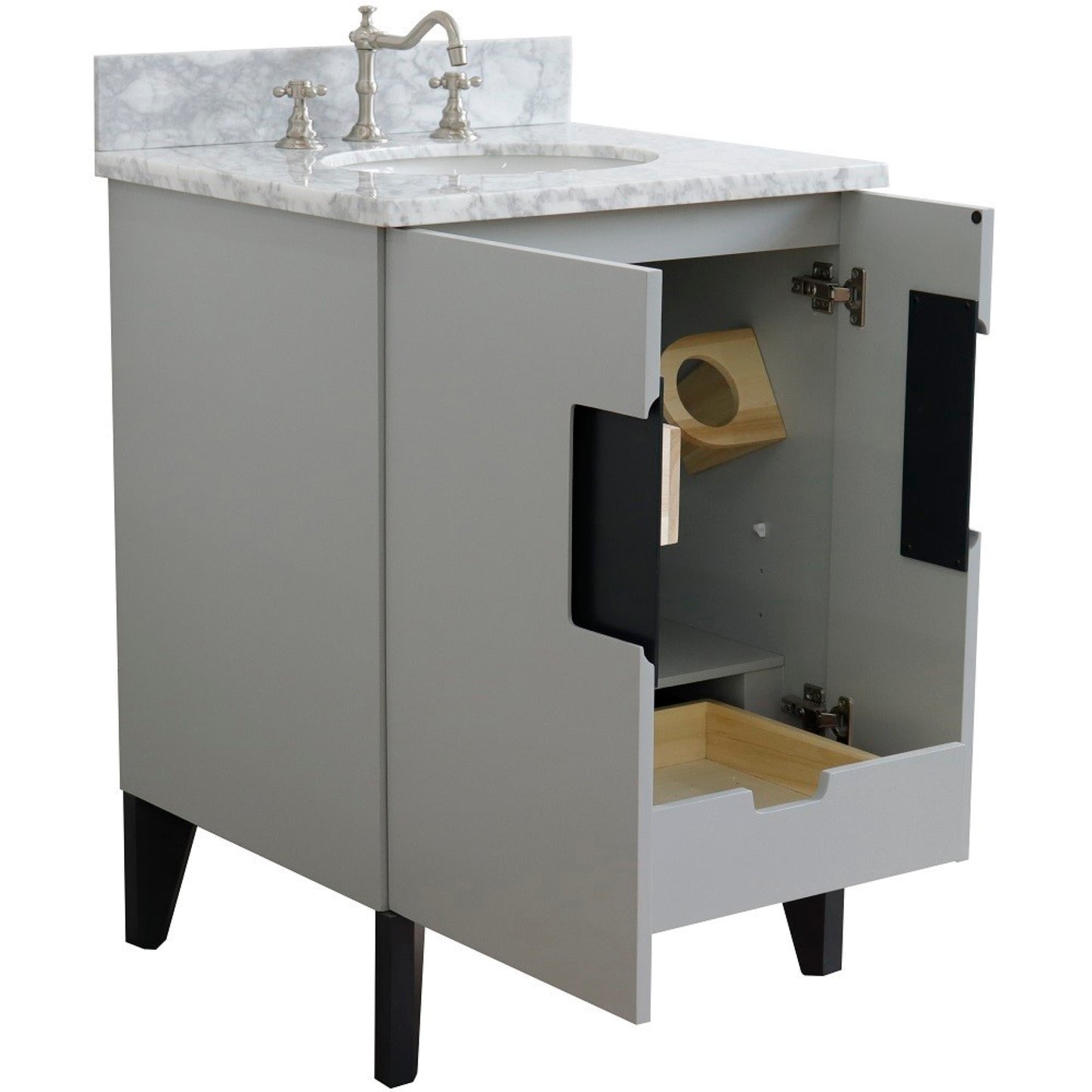 25" Single sink vanity in Light Gray finish with White Carrara marble and oval sink