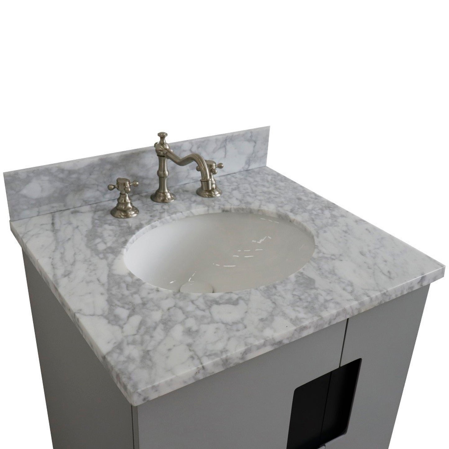 25" Single sink vanity in Light Gray finish with White Carrara marble and oval sink