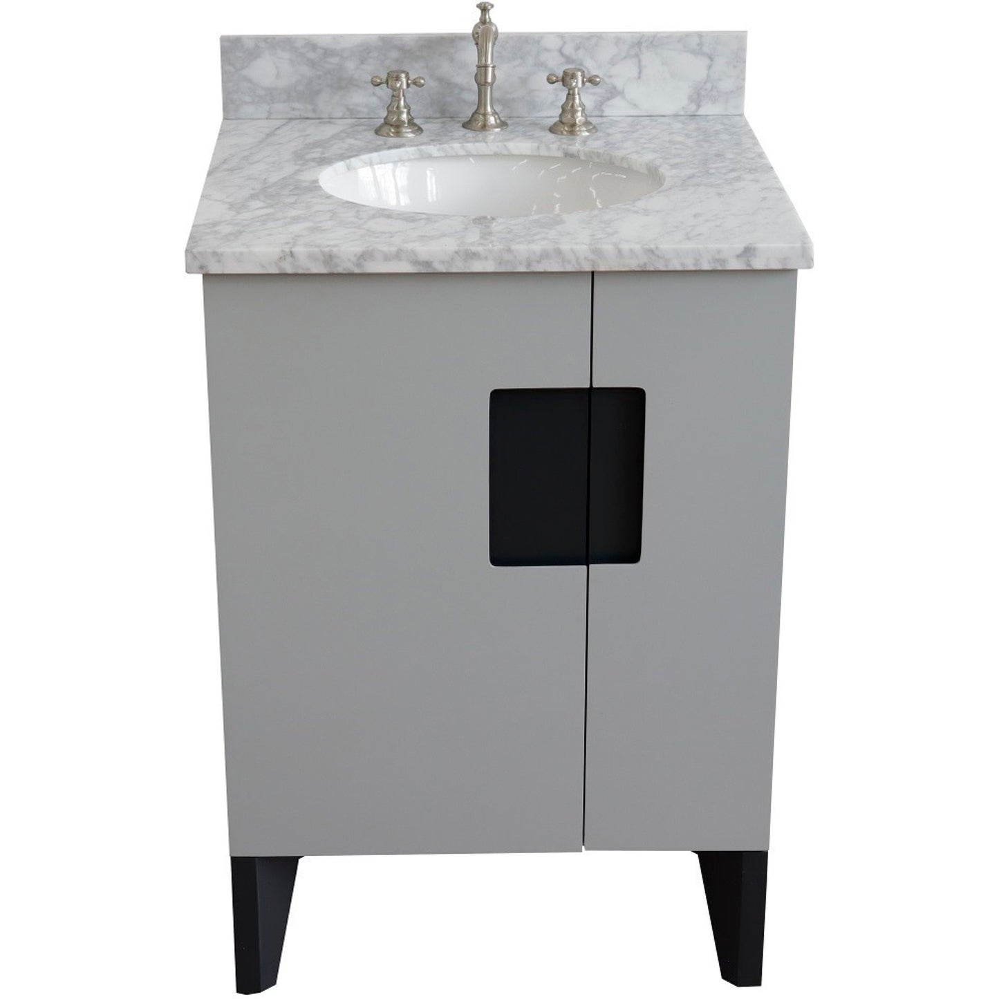 25" Single sink vanity in Light Gray finish with White Carrara marble and oval sink