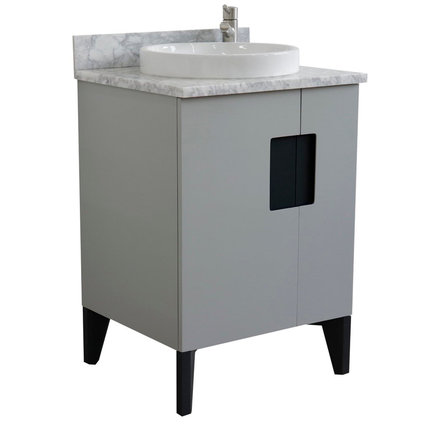 25" Single sink vanity in Light Gray finish with White Carrara marble and round sink
