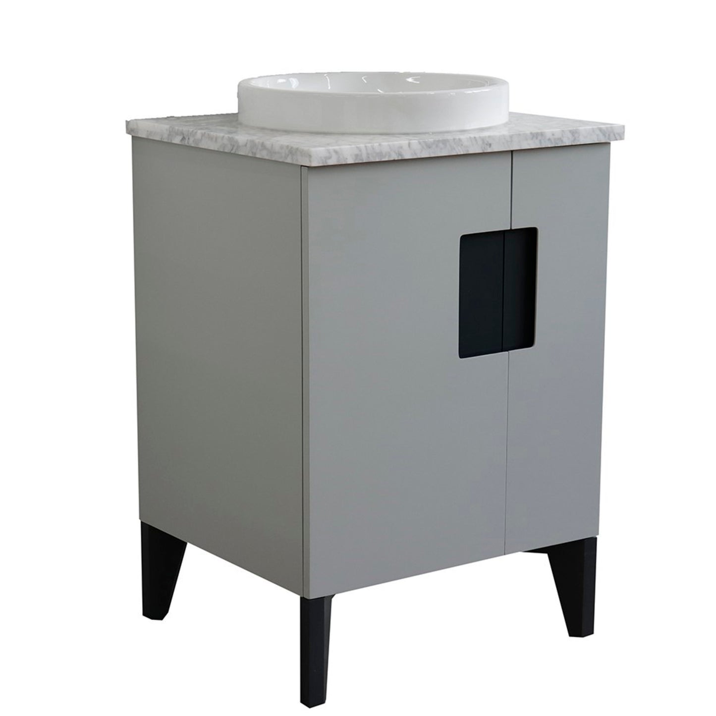 25" Single sink vanity in Light Gray finish with White Carrara marble and round sink