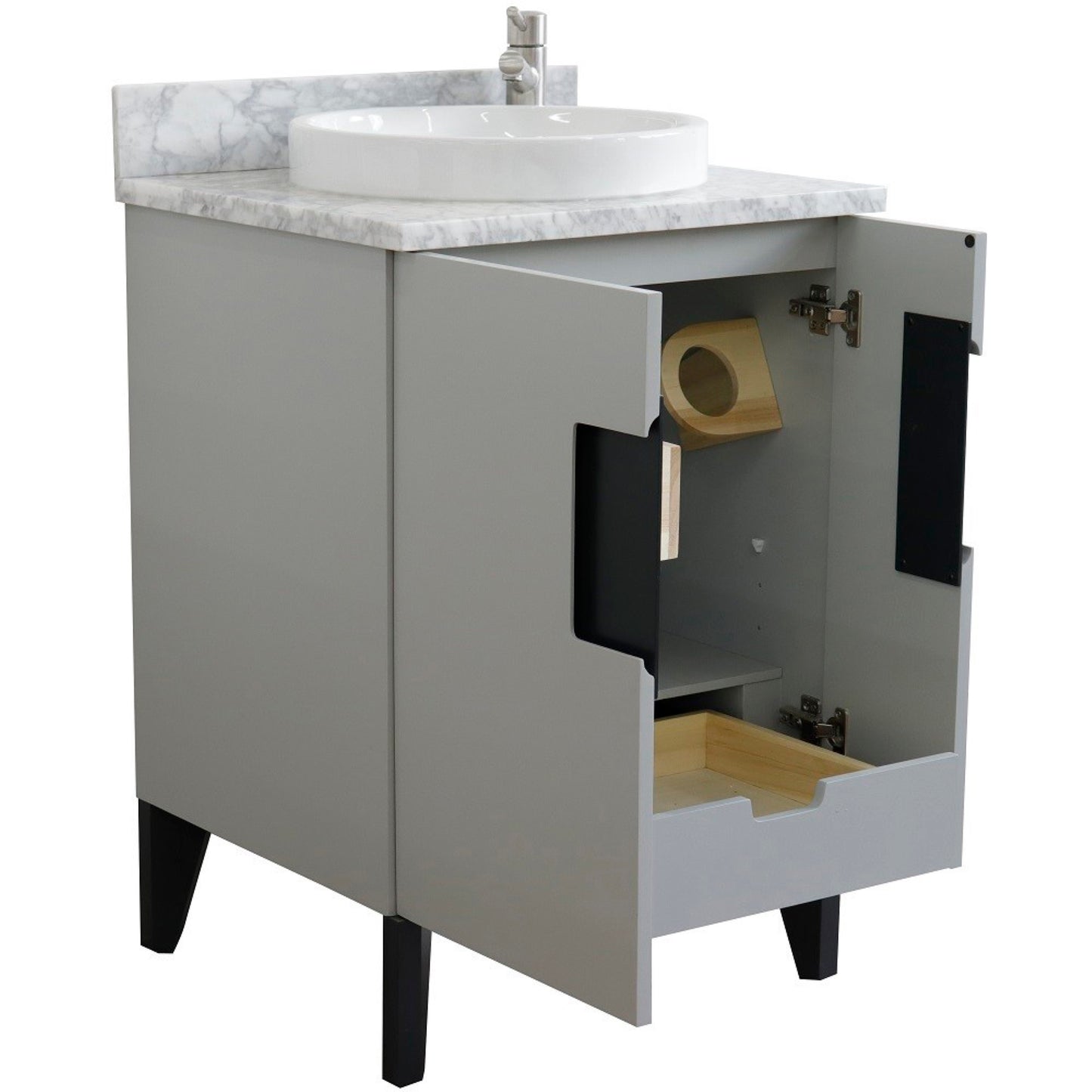 25" Single sink vanity in Light Gray finish with White Carrara marble and round sink