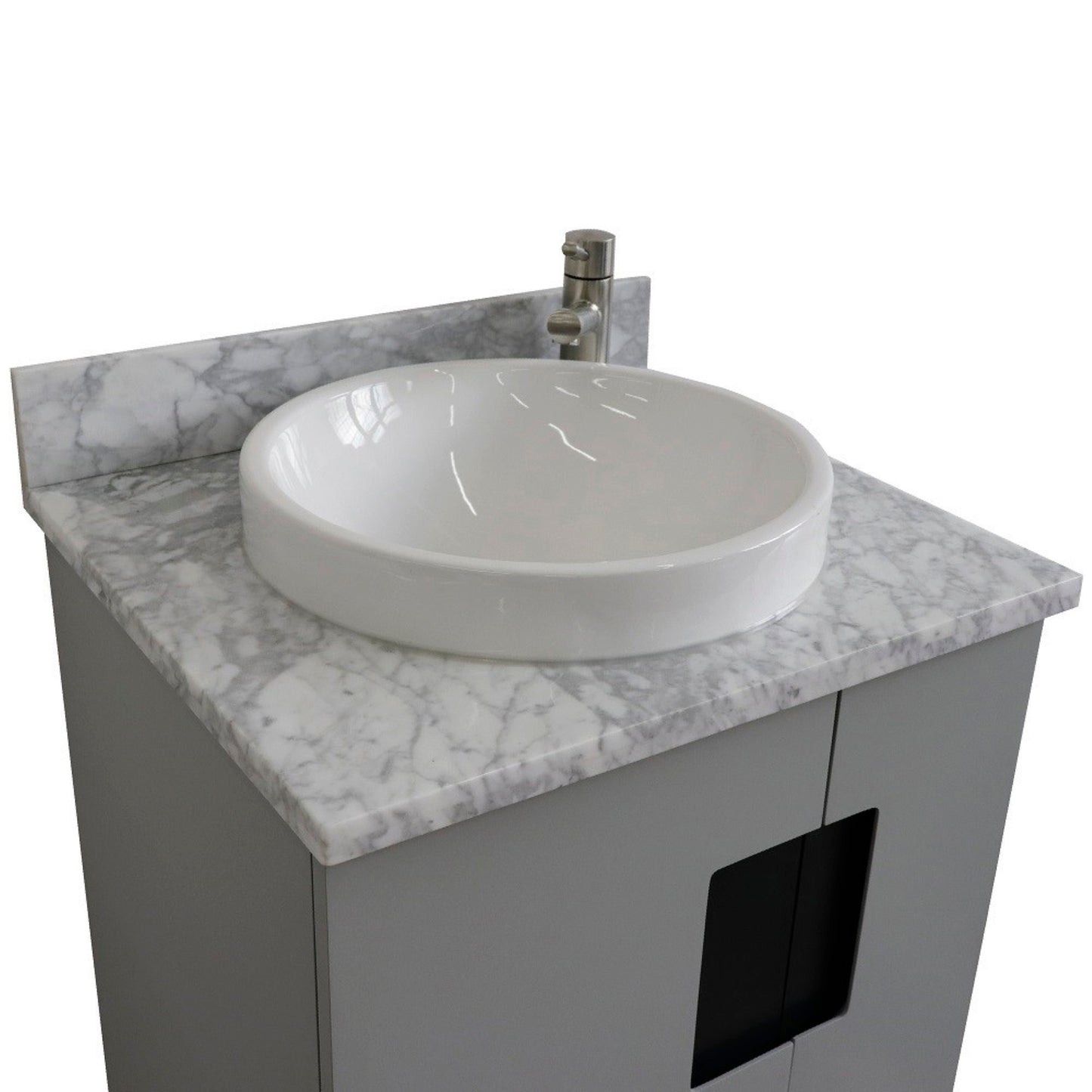 25" Single sink vanity in Light Gray finish with White Carrara marble and round sink