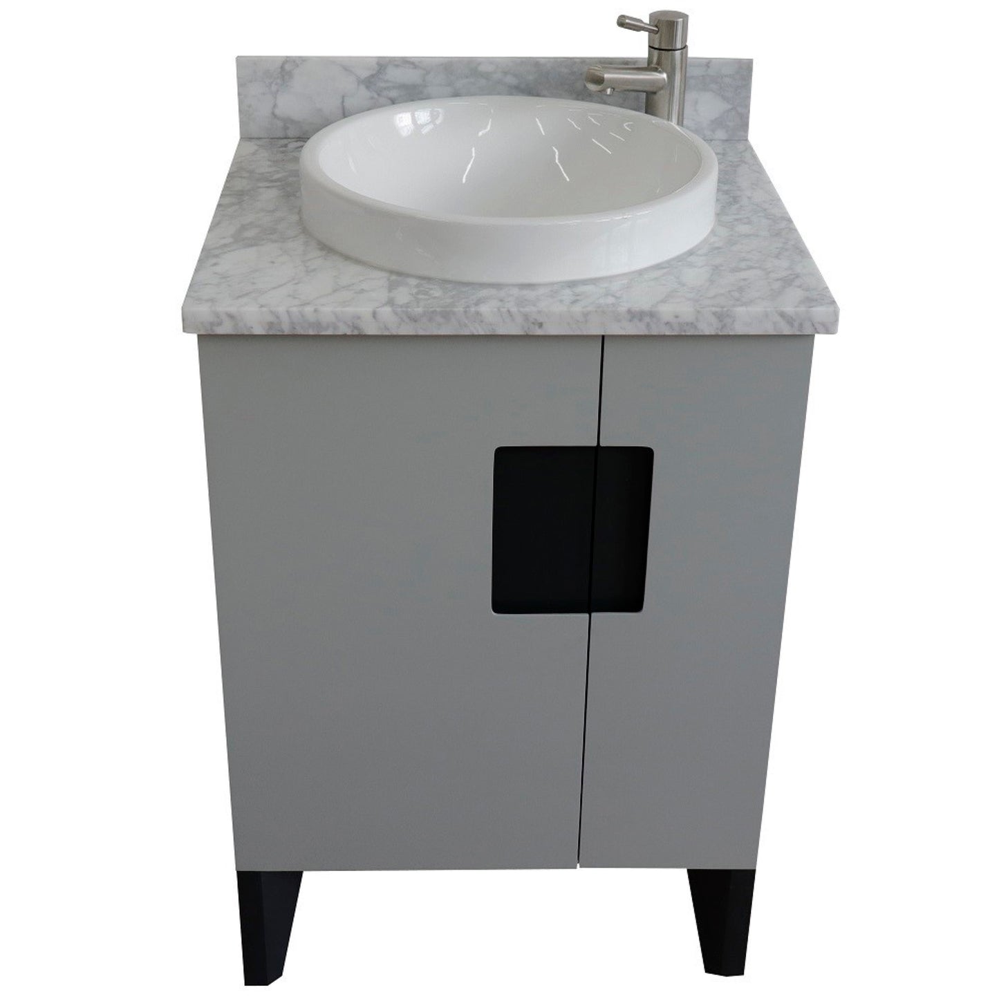 25" Single sink vanity in Light Gray finish with White Carrara marble and round sink