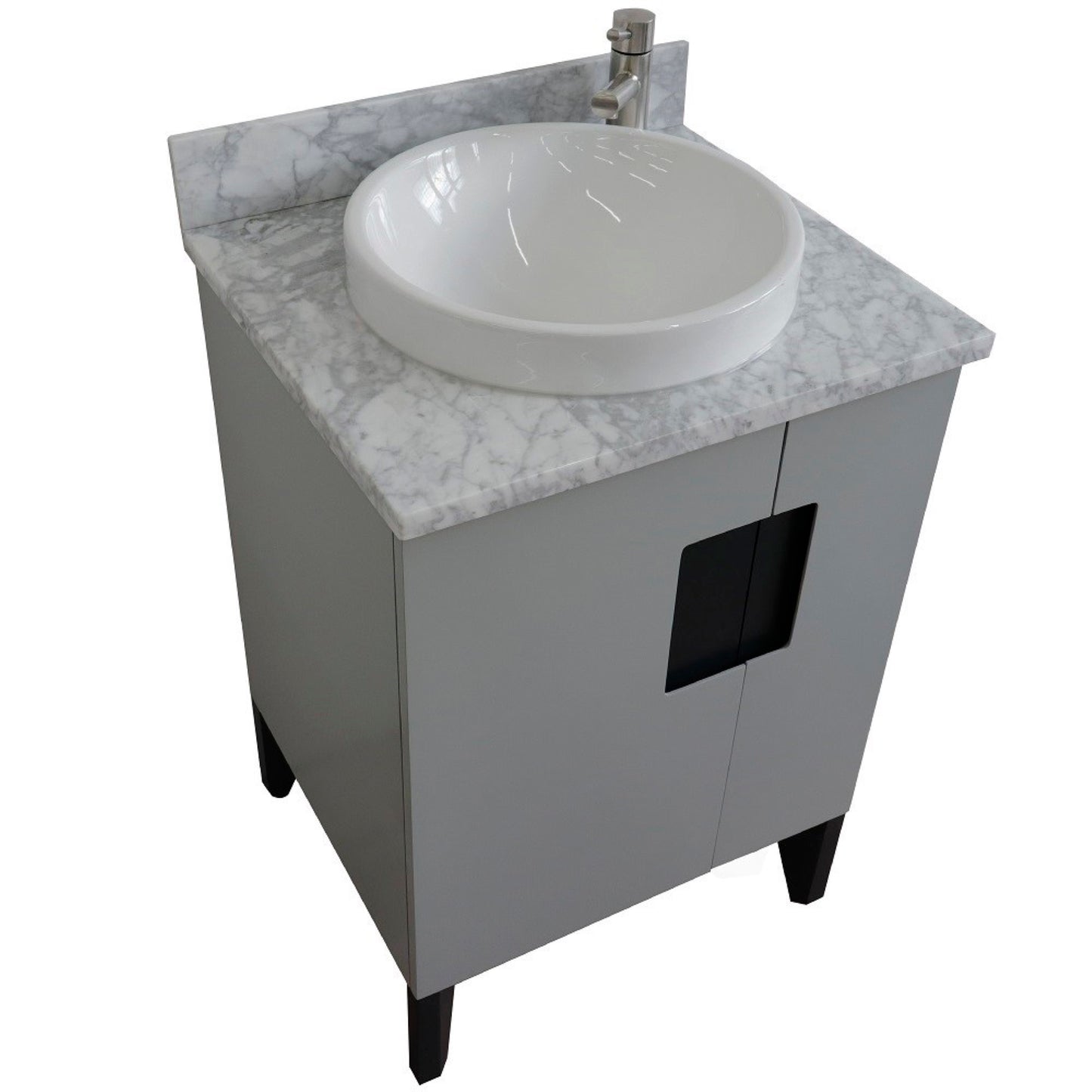 25" Single sink vanity in Light Gray finish with White Carrara marble and round sink