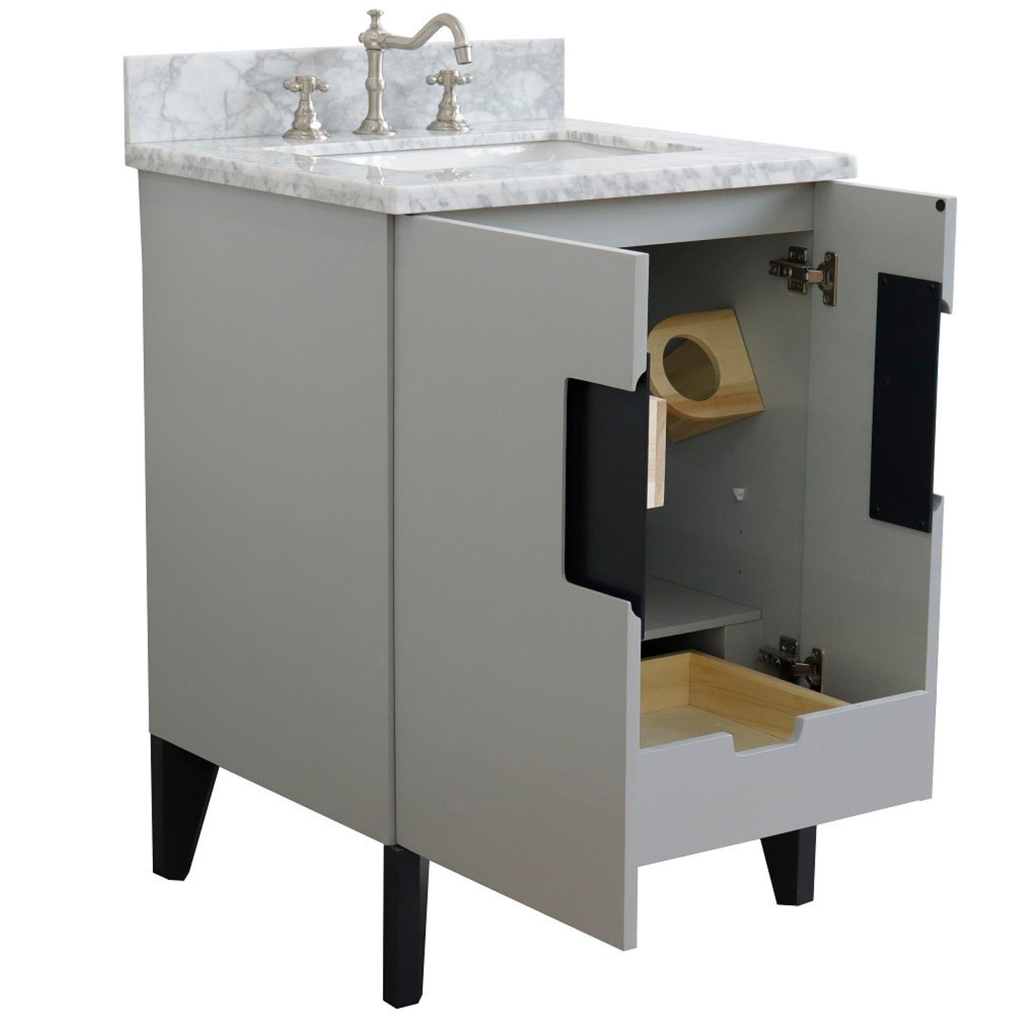25" Single sink vanity in Light Gray finish with White Carrara marble and rectangle sink