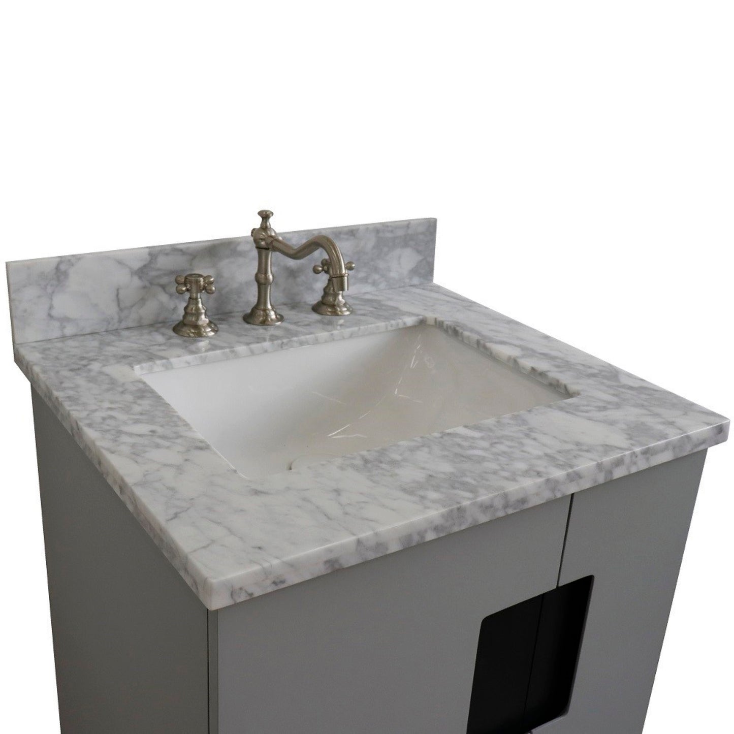 25" Single sink vanity in Light Gray finish with White Carrara marble and rectangle sink