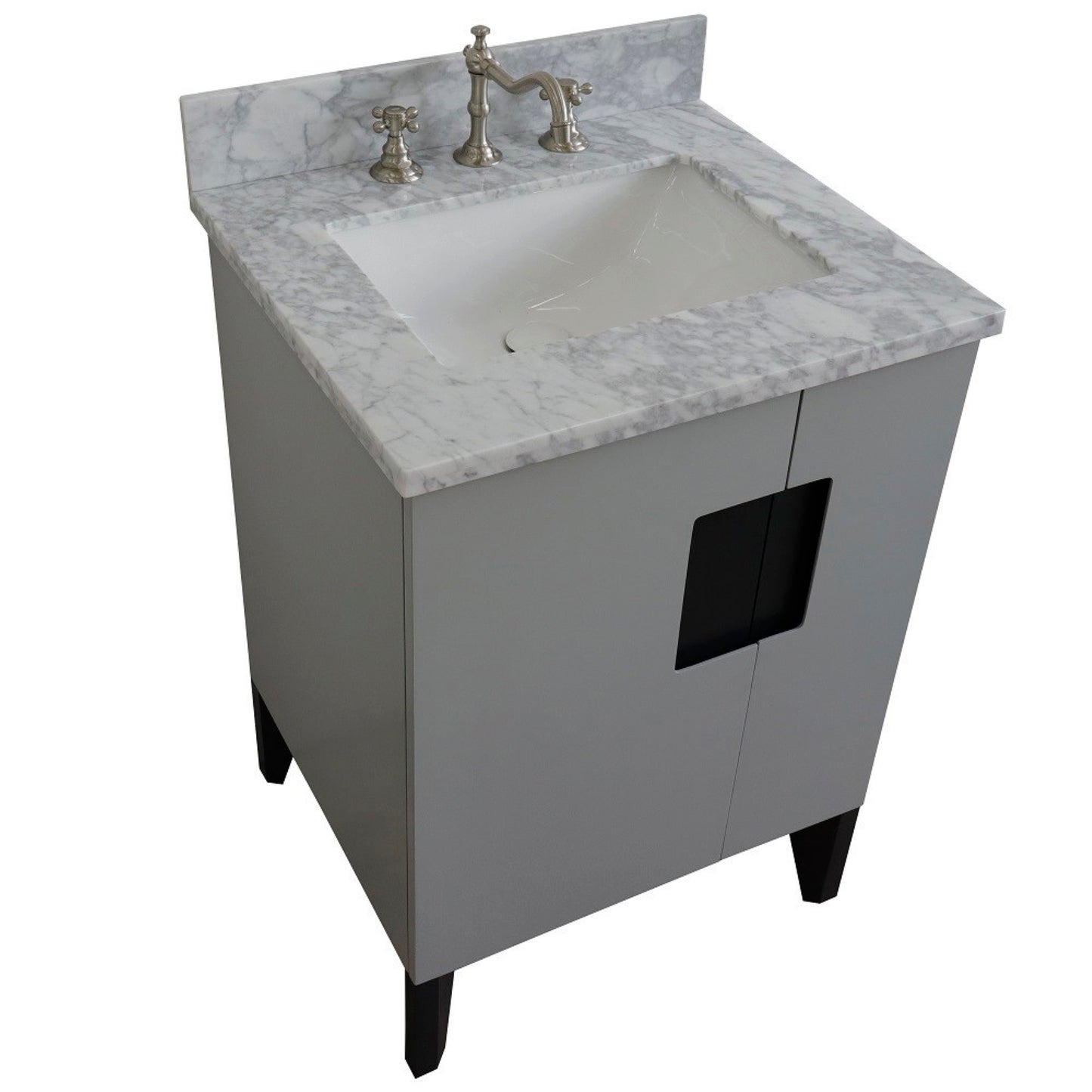 25" Single sink vanity in Light Gray finish with White Carrara marble and rectangle sink