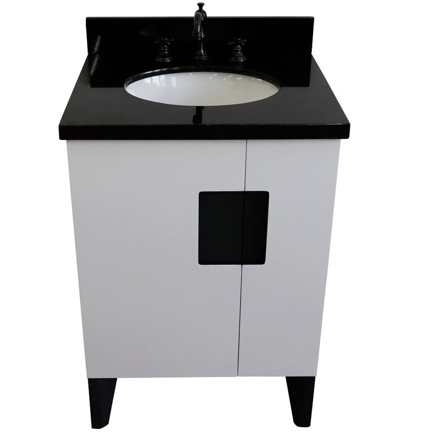25" Single sink vanity in White finish with Black galaxy granite and oval sink