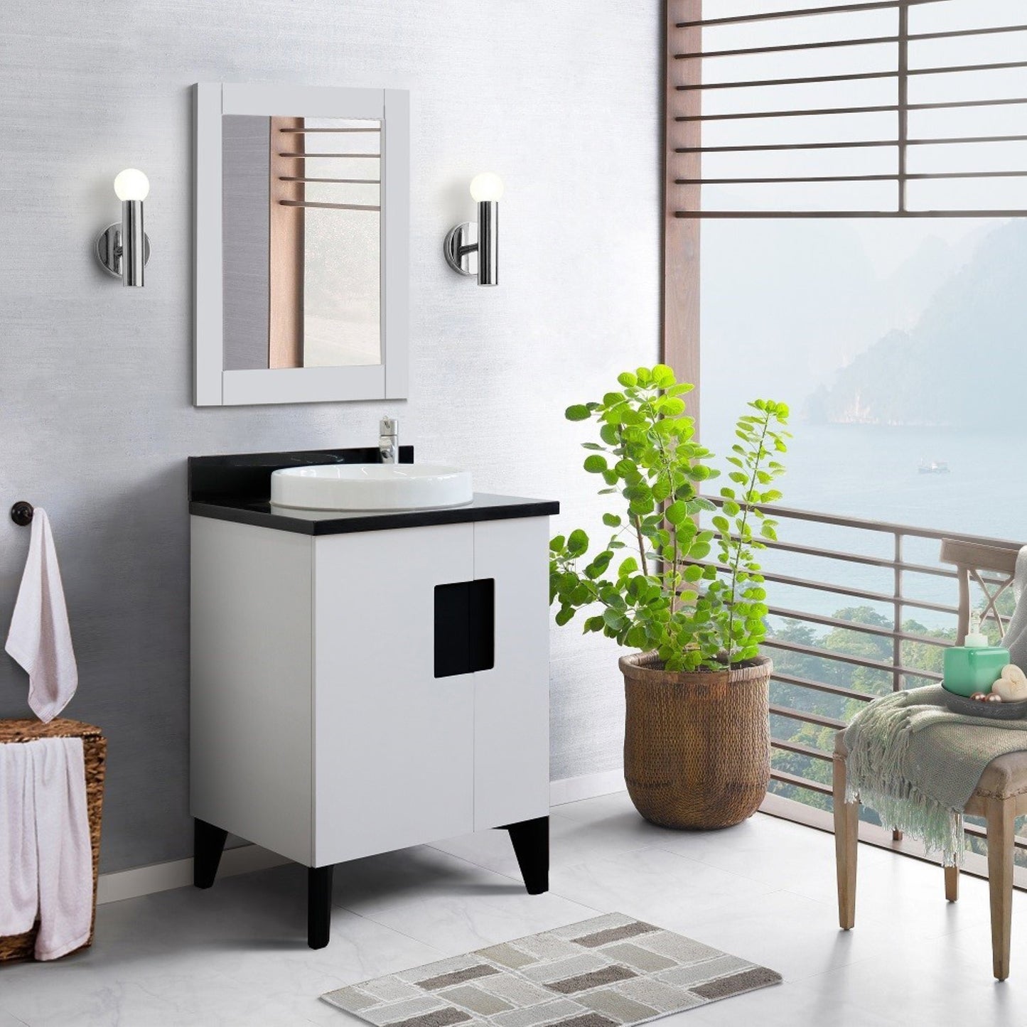 25" Single sink vanity in White finish with Black galaxy granite and round sink