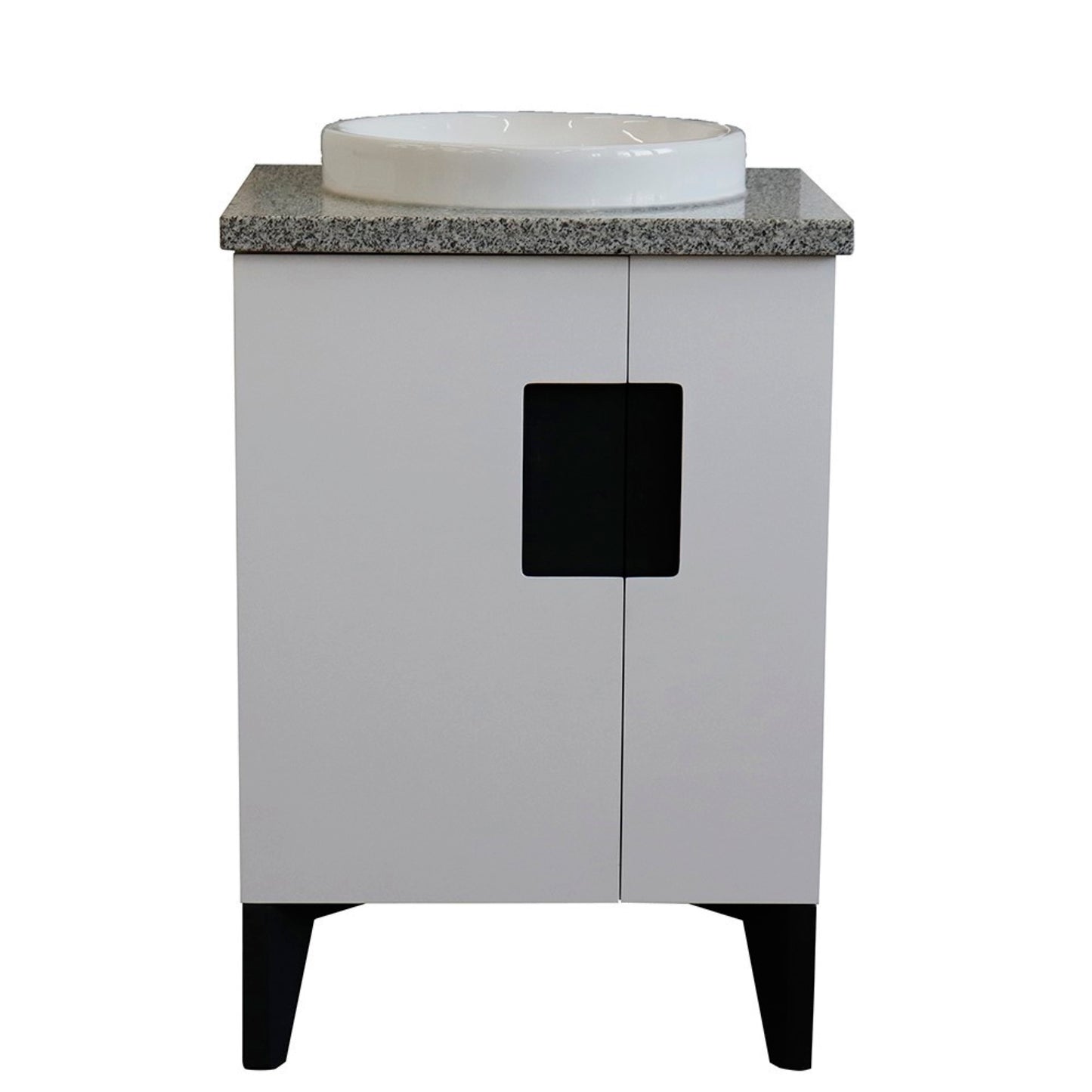 25" Single sink vanity in White finish with Gray granite and round sink
