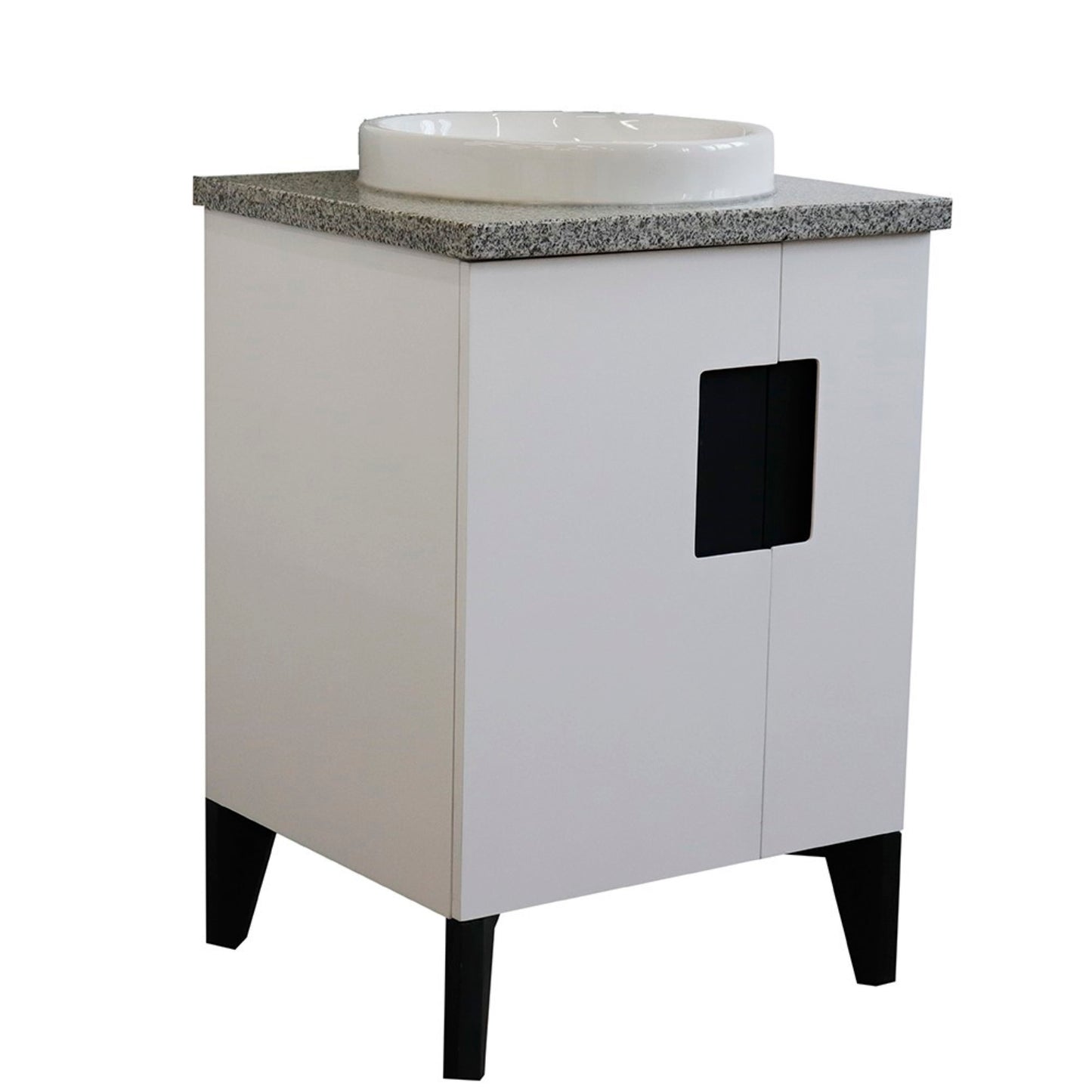 25" Single sink vanity in White finish with Gray granite and round sink