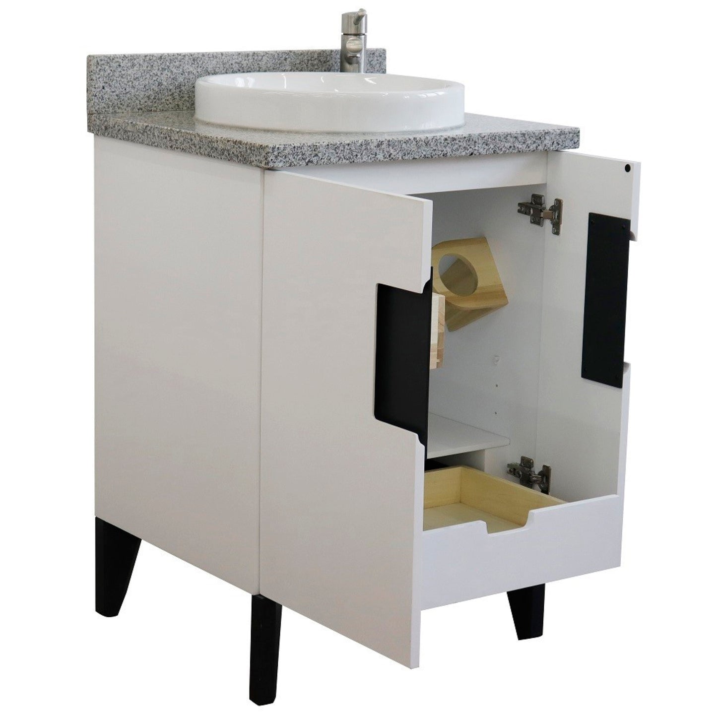 25" Single sink vanity in White finish with Gray granite and round sink