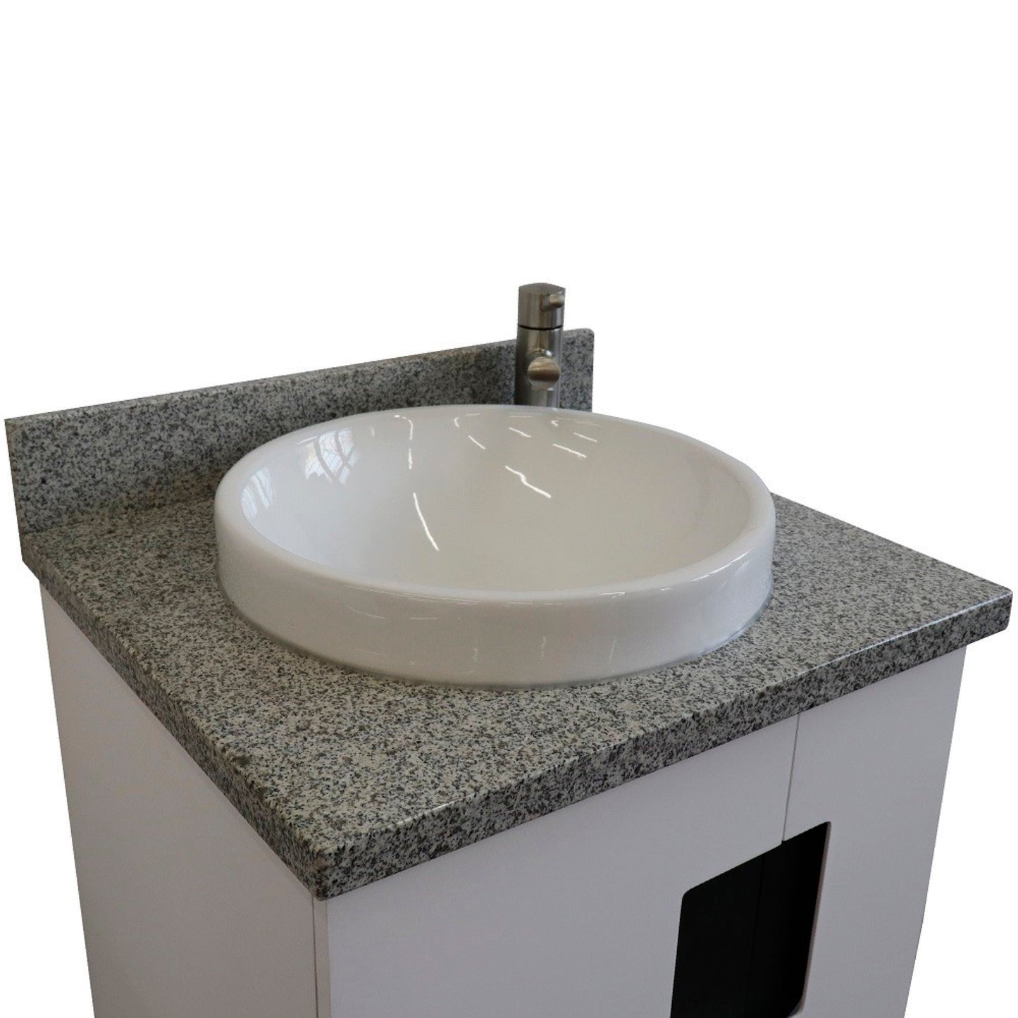 25" Single sink vanity in White finish with Gray granite and round sink