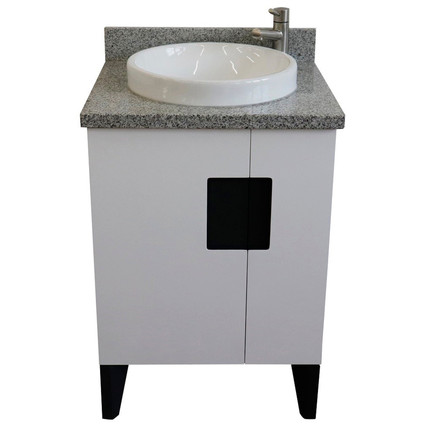 25" Single sink vanity in White finish with Gray granite and round sink