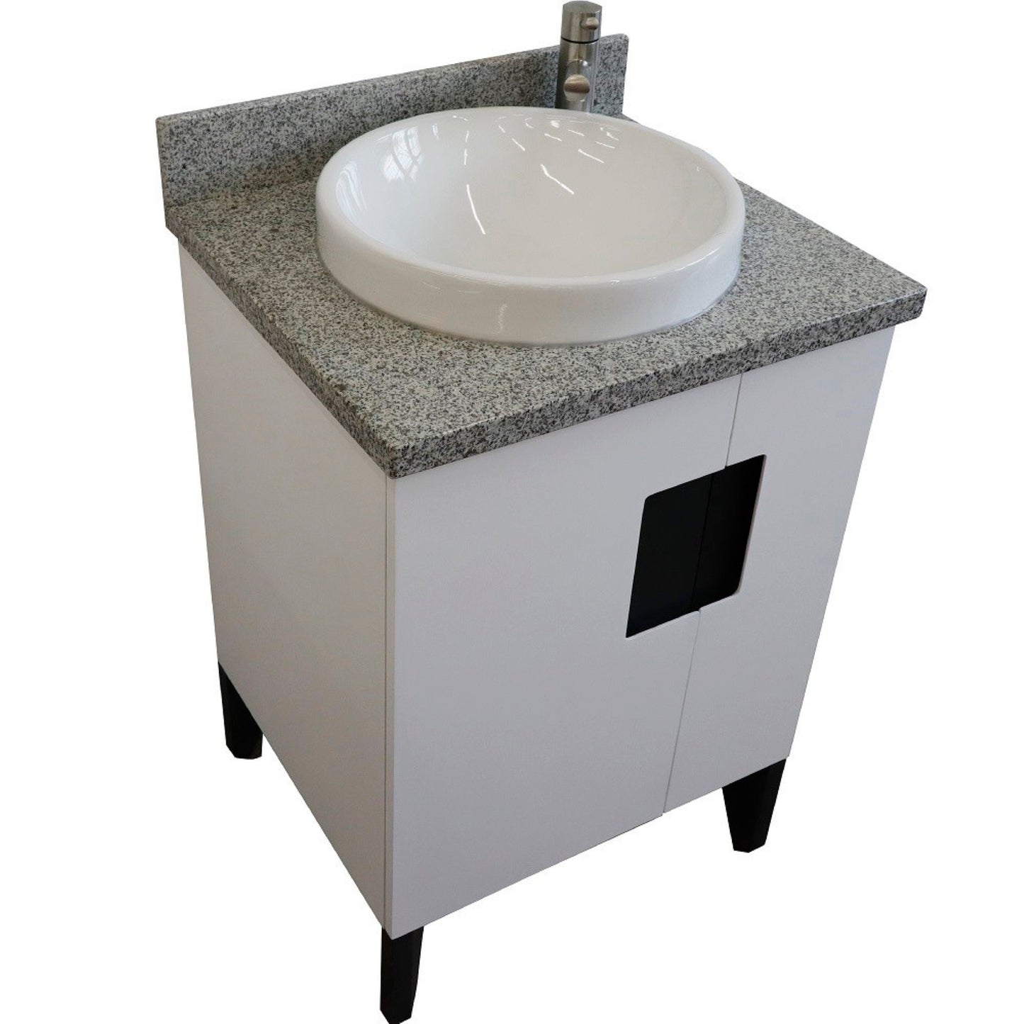 25" Single sink vanity in White finish with Gray granite and round sink