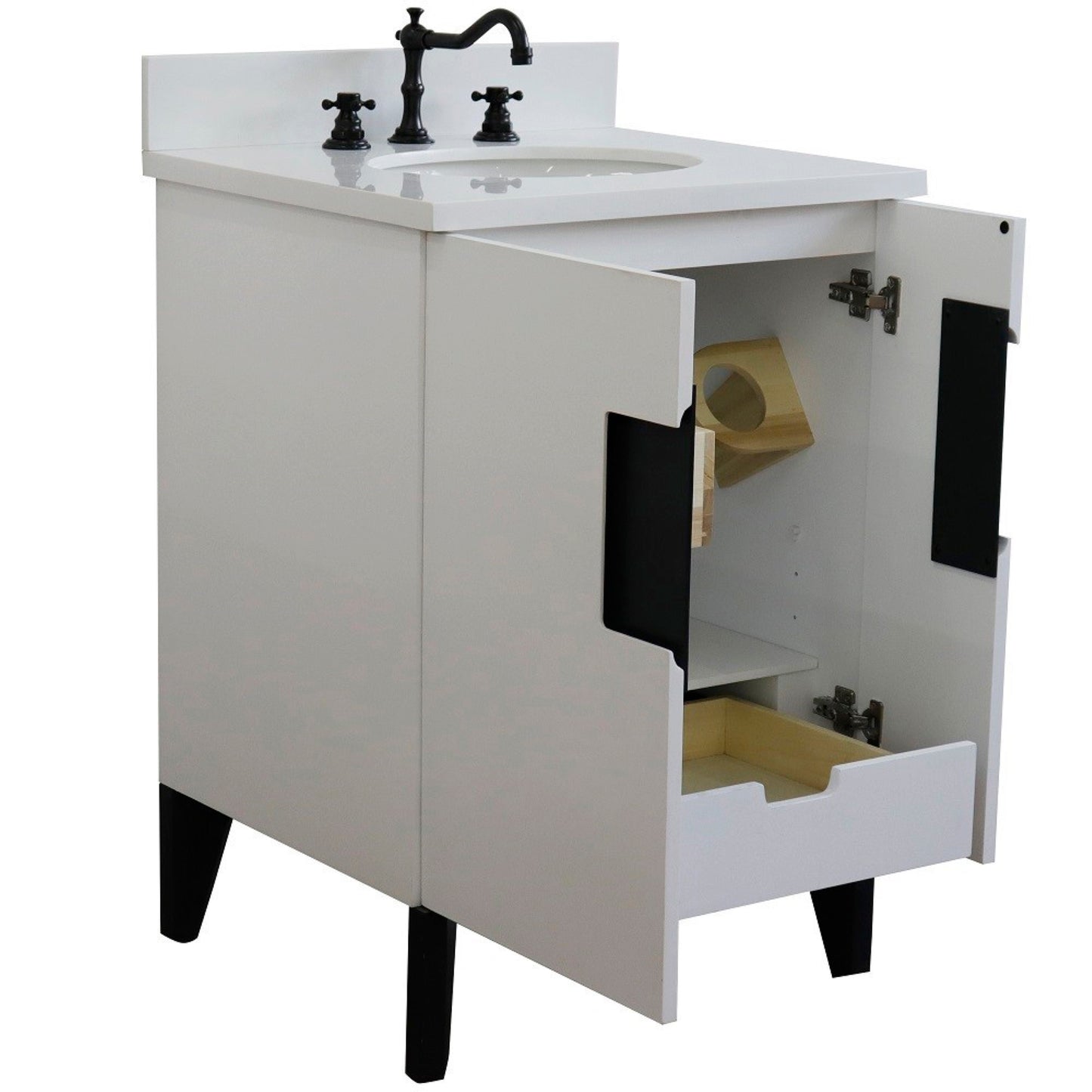 25" Single sink vanity in White finish with White engineered stone and oval sink