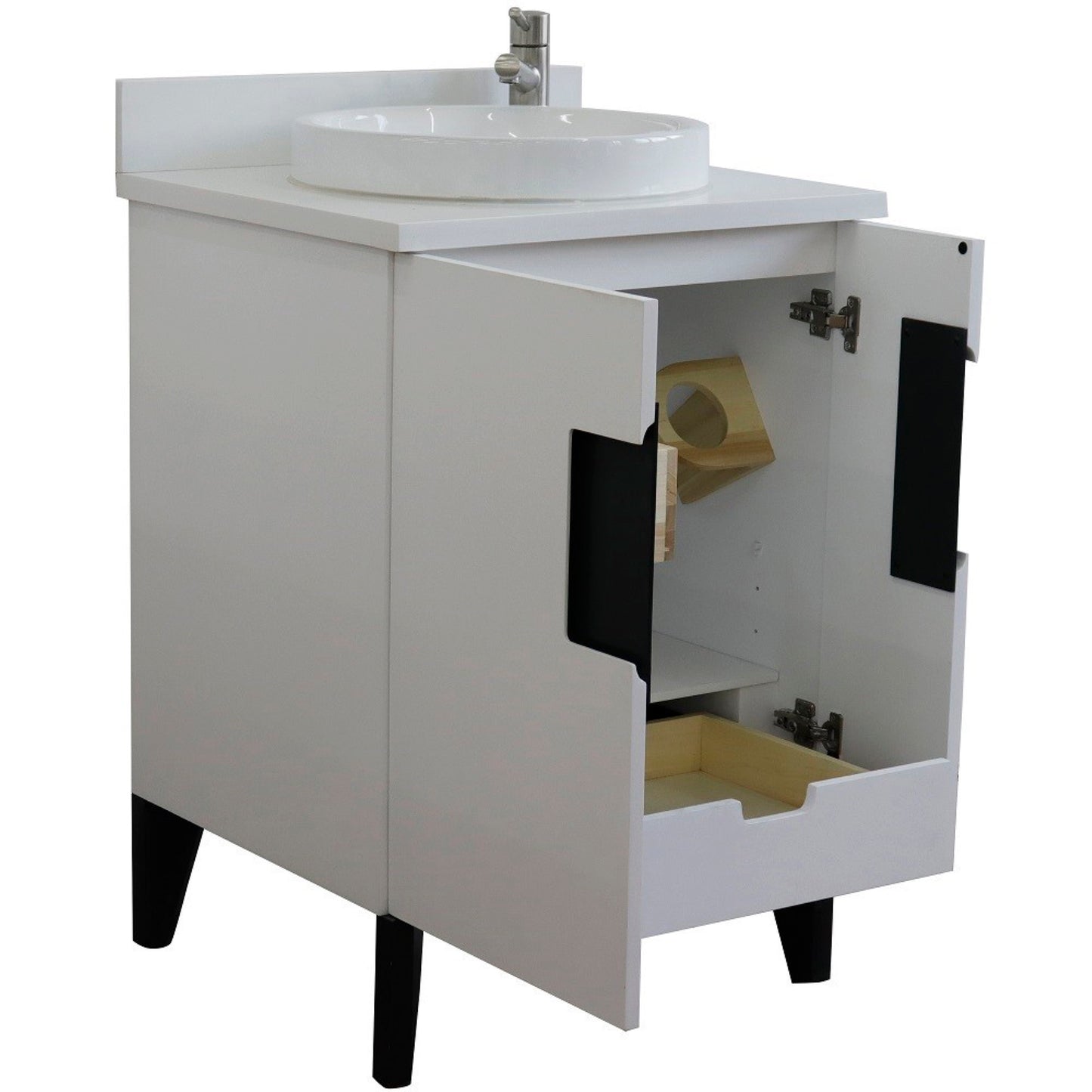 25" Single sink vanity in White finish with White engineered stone and round sink