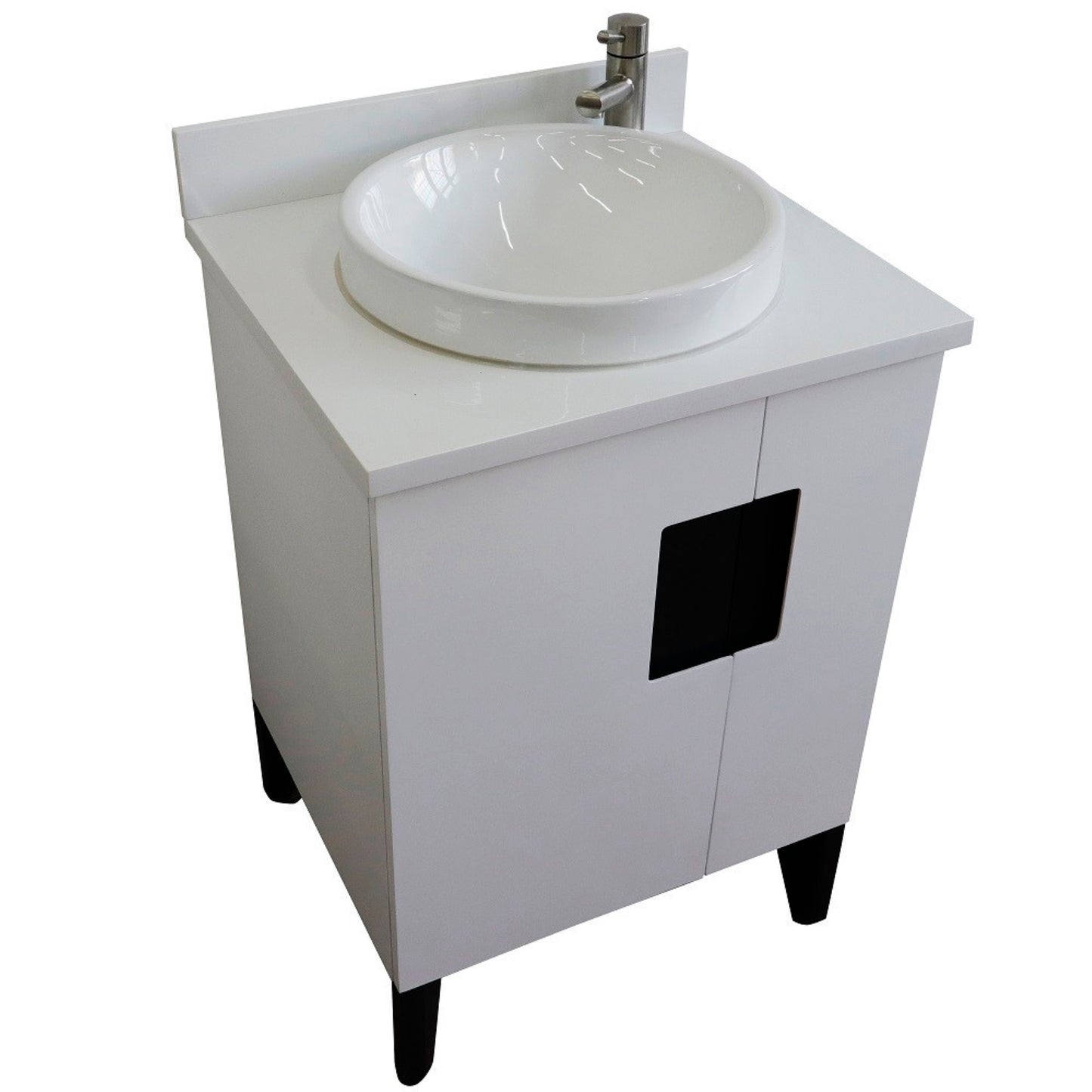 25" Single sink vanity in White finish with White engineered stone and round sink