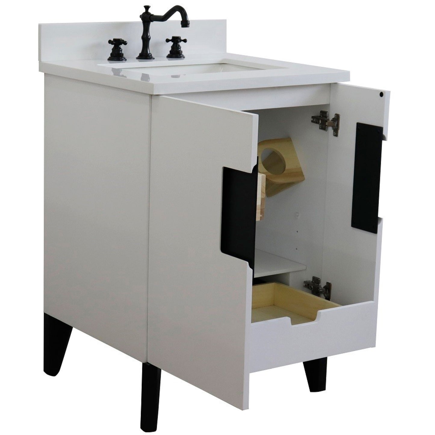 25" Single sink vanity in White finish with White engineered stone and rectangle sink