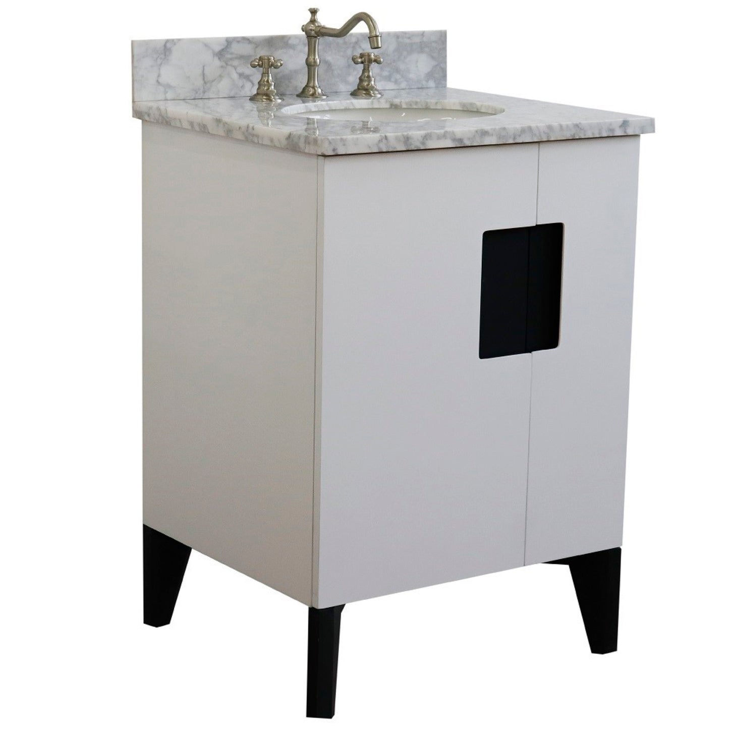 25" Single sink vanity in White finish with White Carrara marble and oval sink