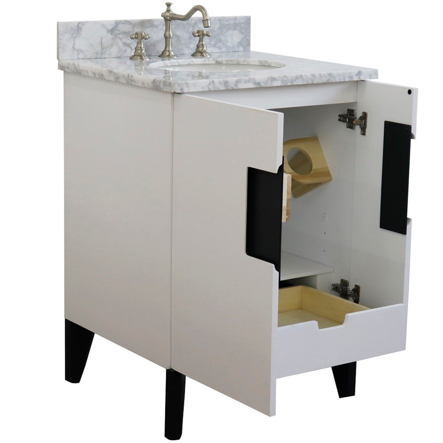 25" Single sink vanity in White finish with White Carrara marble and oval sink