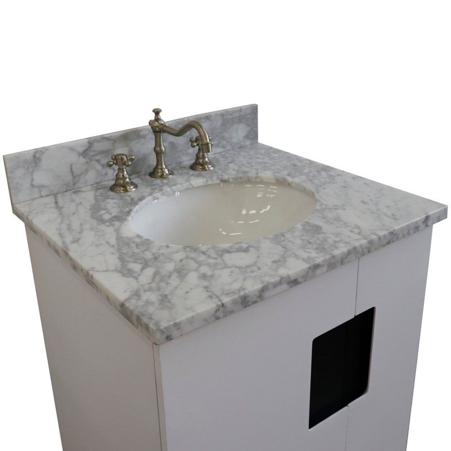 25" Single sink vanity in White finish with White Carrara marble and oval sink