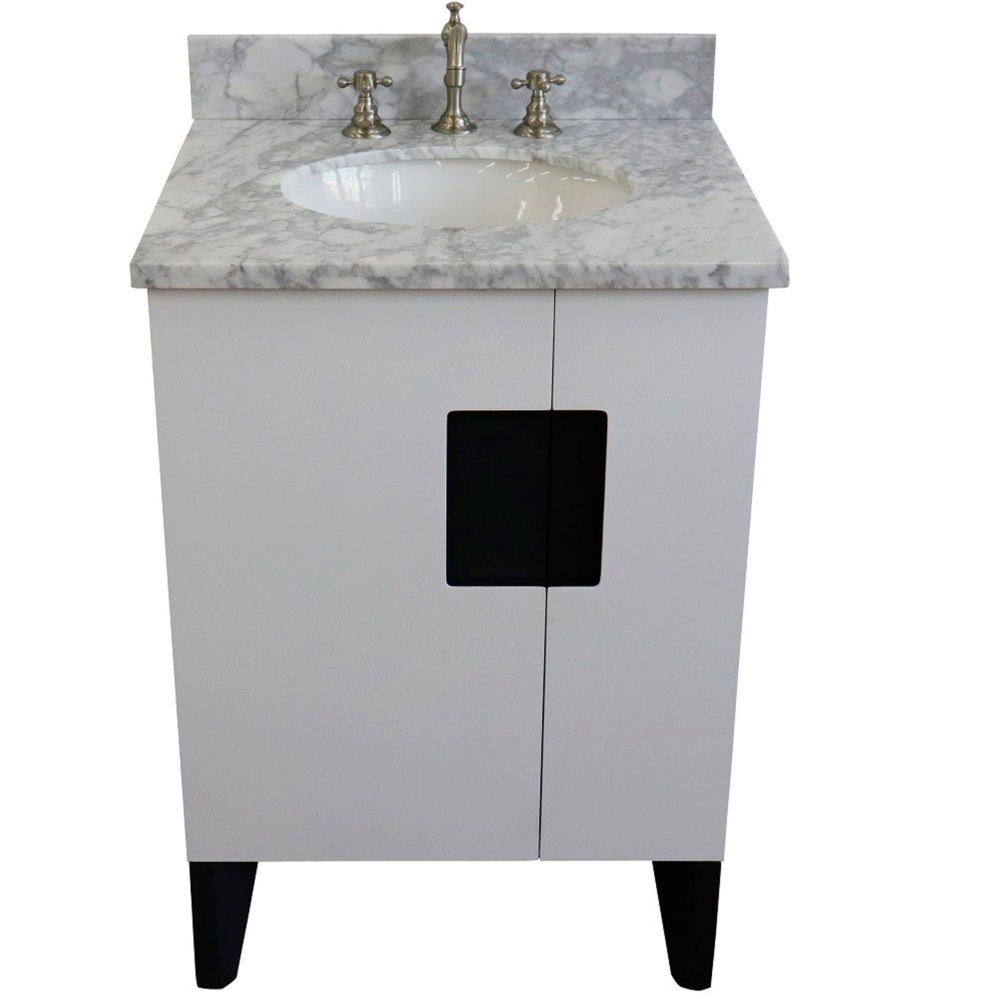 25" Single sink vanity in White finish with White Carrara marble and oval sink