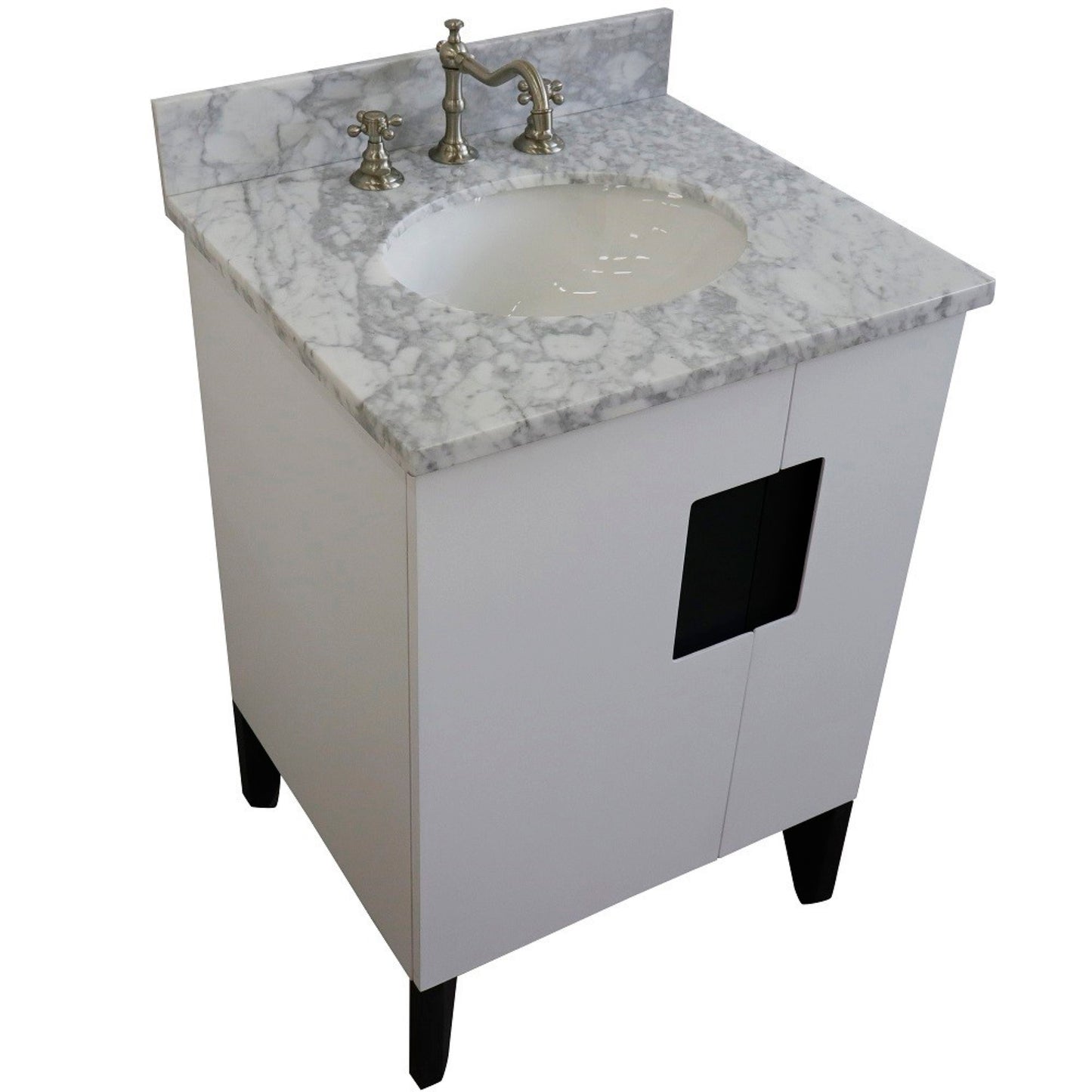 25" Single sink vanity in White finish with White Carrara marble and oval sink