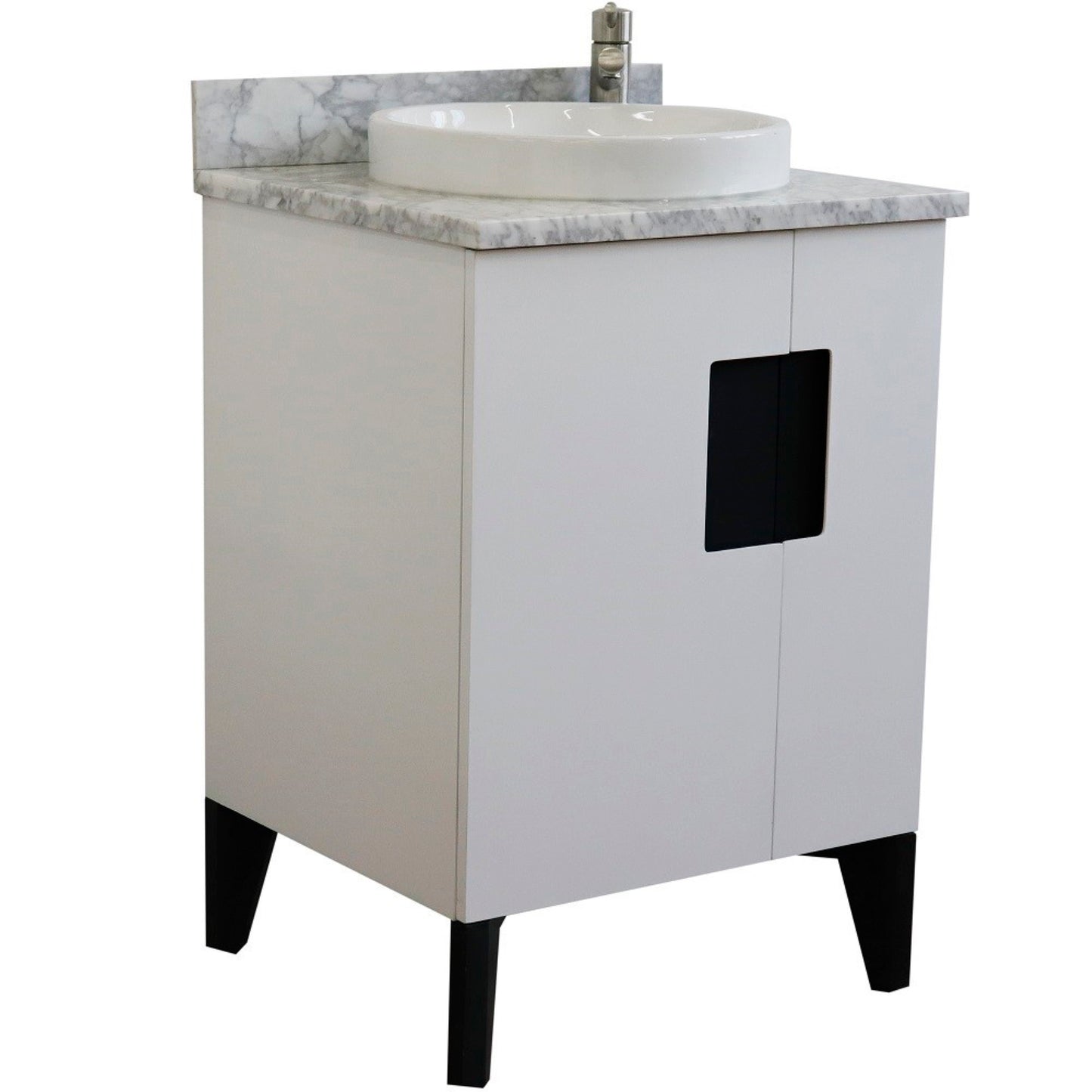 25" Single sink vanity in White finish with White Carrara marble and round sink