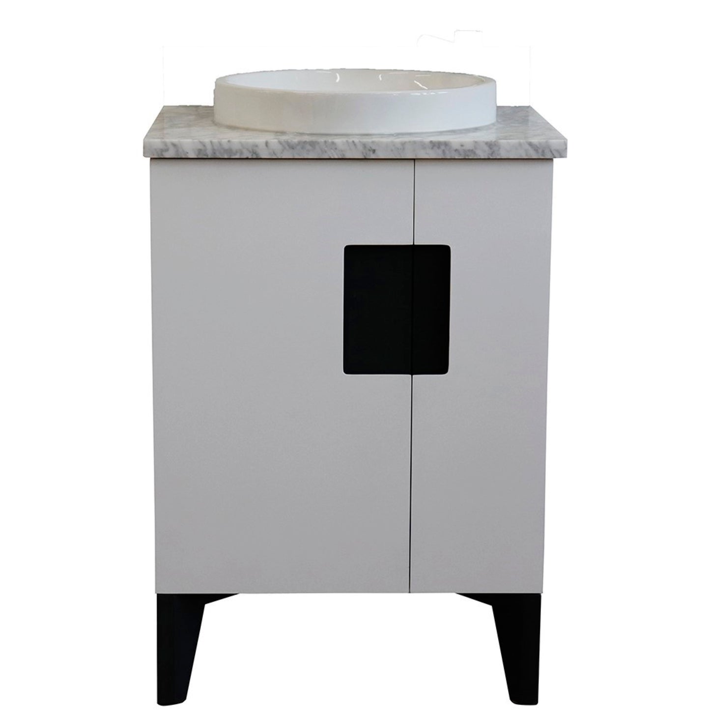 25" Single sink vanity in White finish with White Carrara marble and round sink