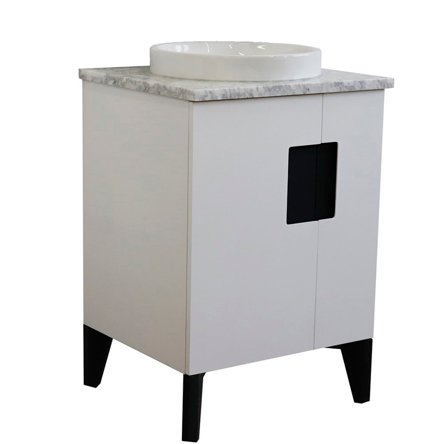 25" Single sink vanity in White finish with White Carrara marble and round sink