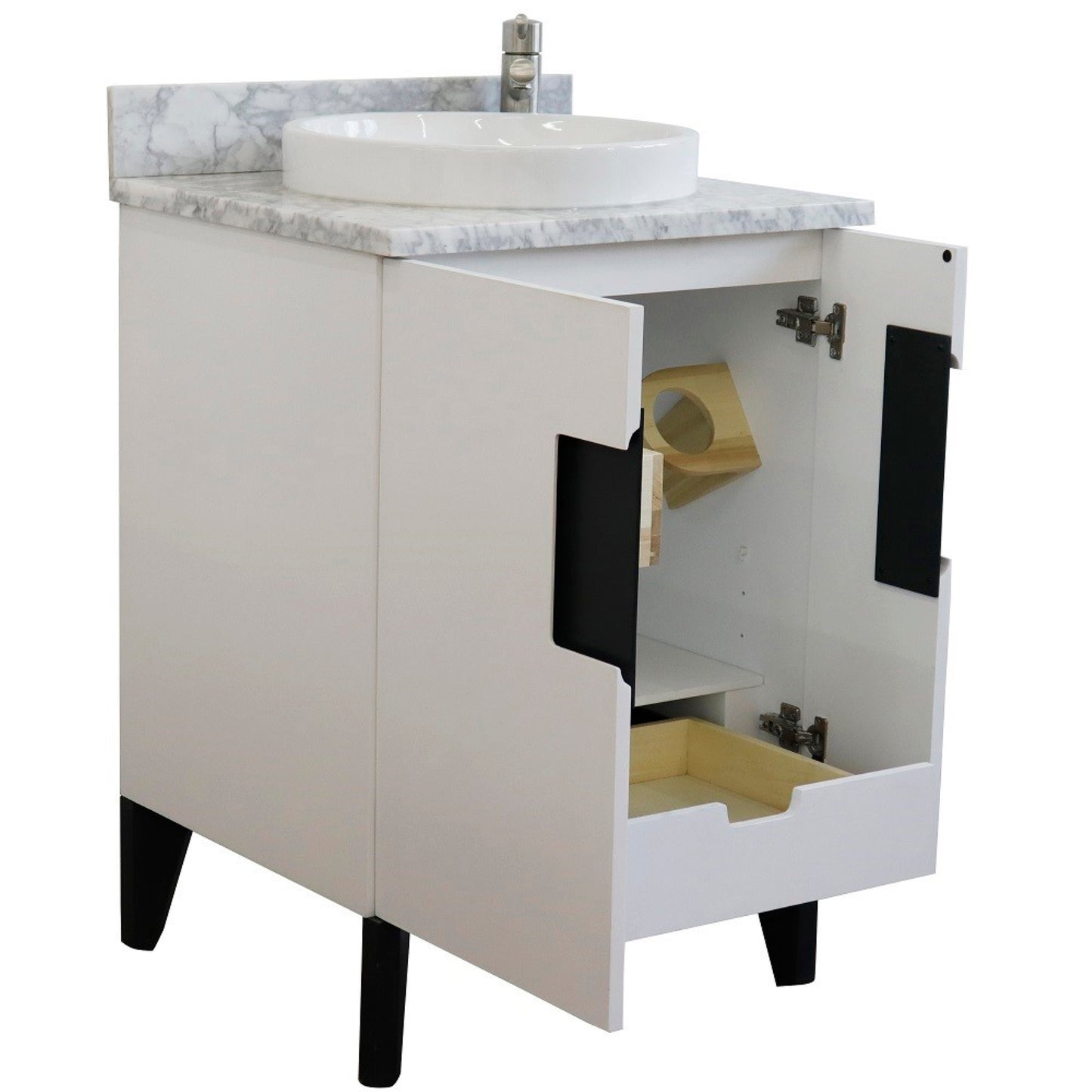 25" Single sink vanity in White finish with White Carrara marble and round sink