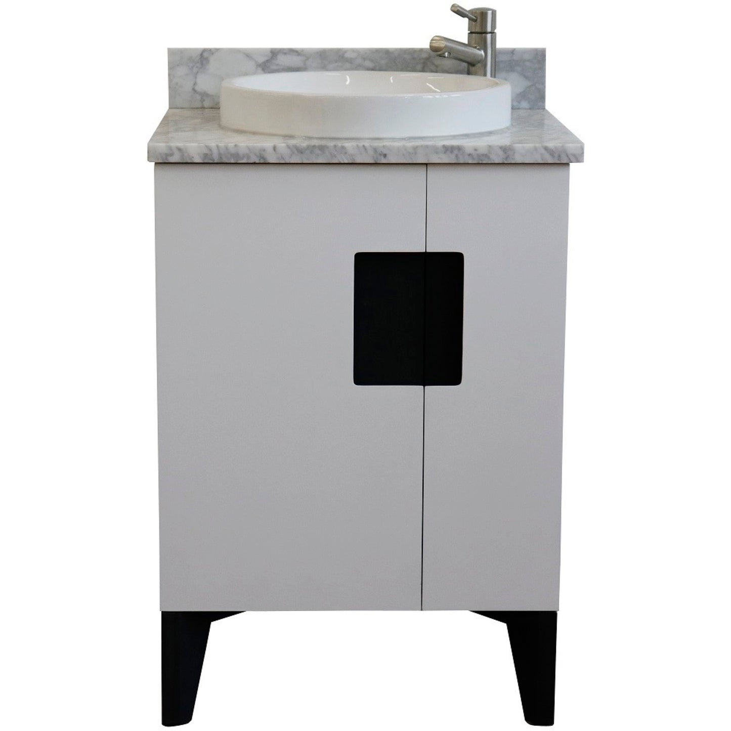 25" Single sink vanity in White finish with White Carrara marble and round sink