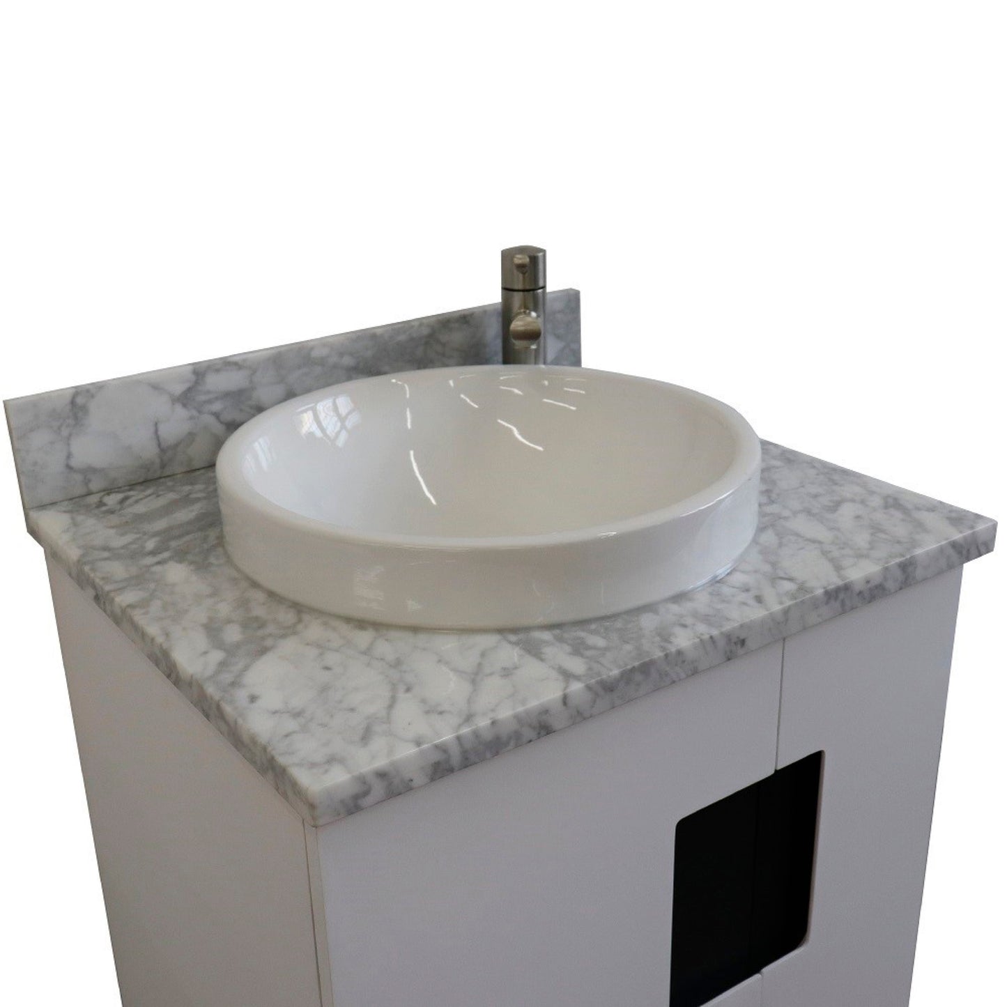 25" Single sink vanity in White finish with White Carrara marble and round sink