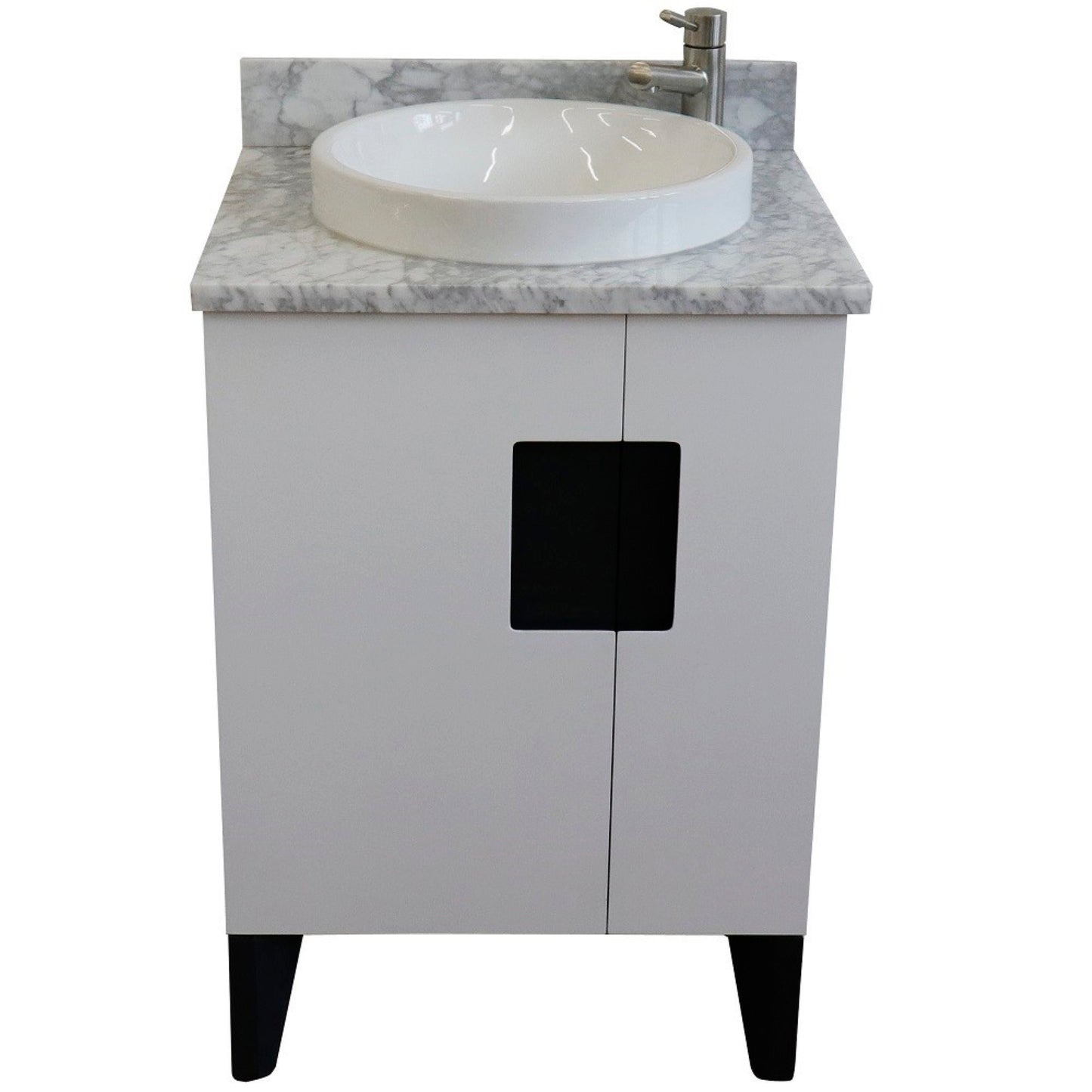 25" Single sink vanity in White finish with White Carrara marble and round sink