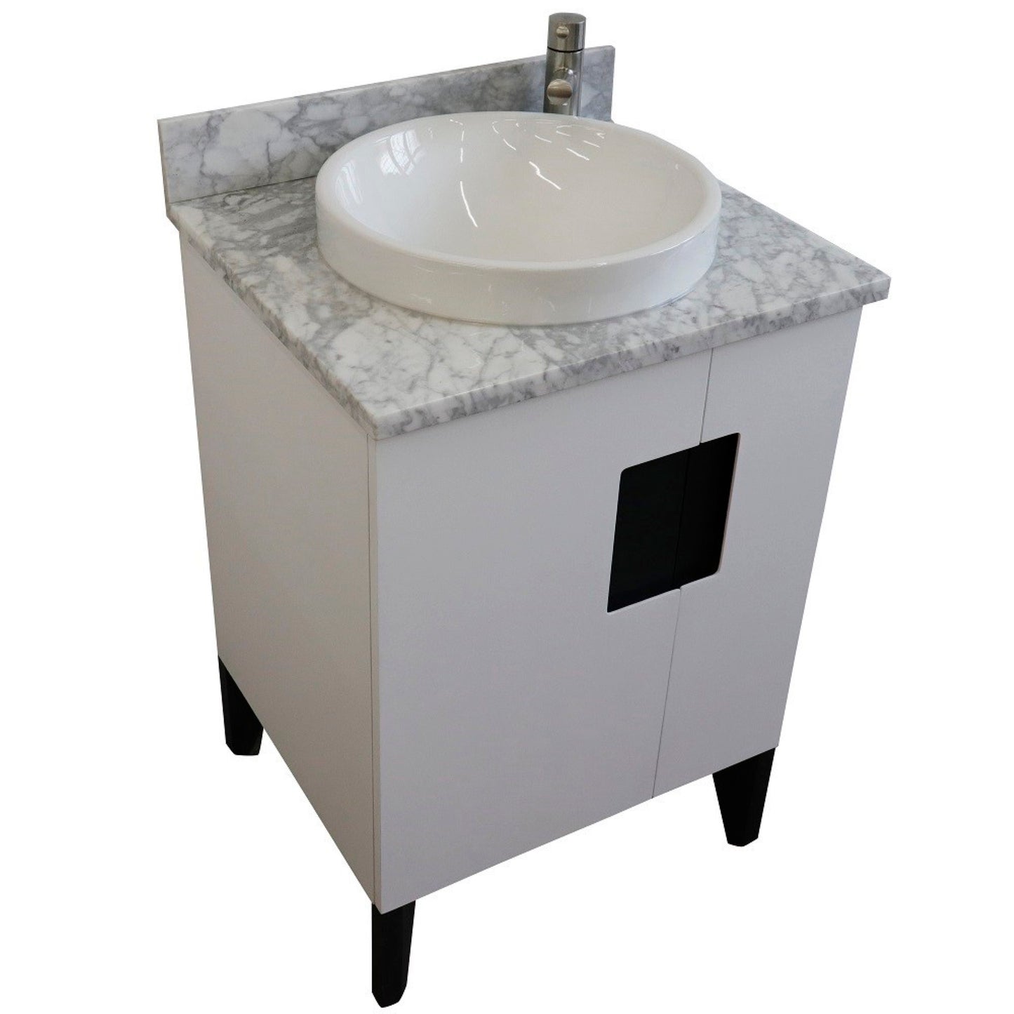 25" Single sink vanity in White finish with White Carrara marble and round sink
