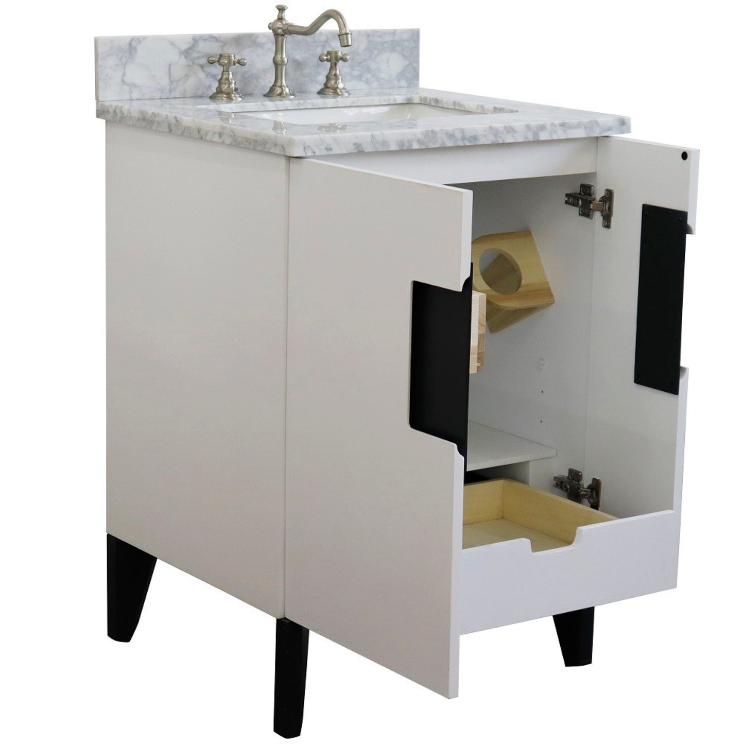 25" Single sink vanity in White finish with White Carrara marble and rectangle sink