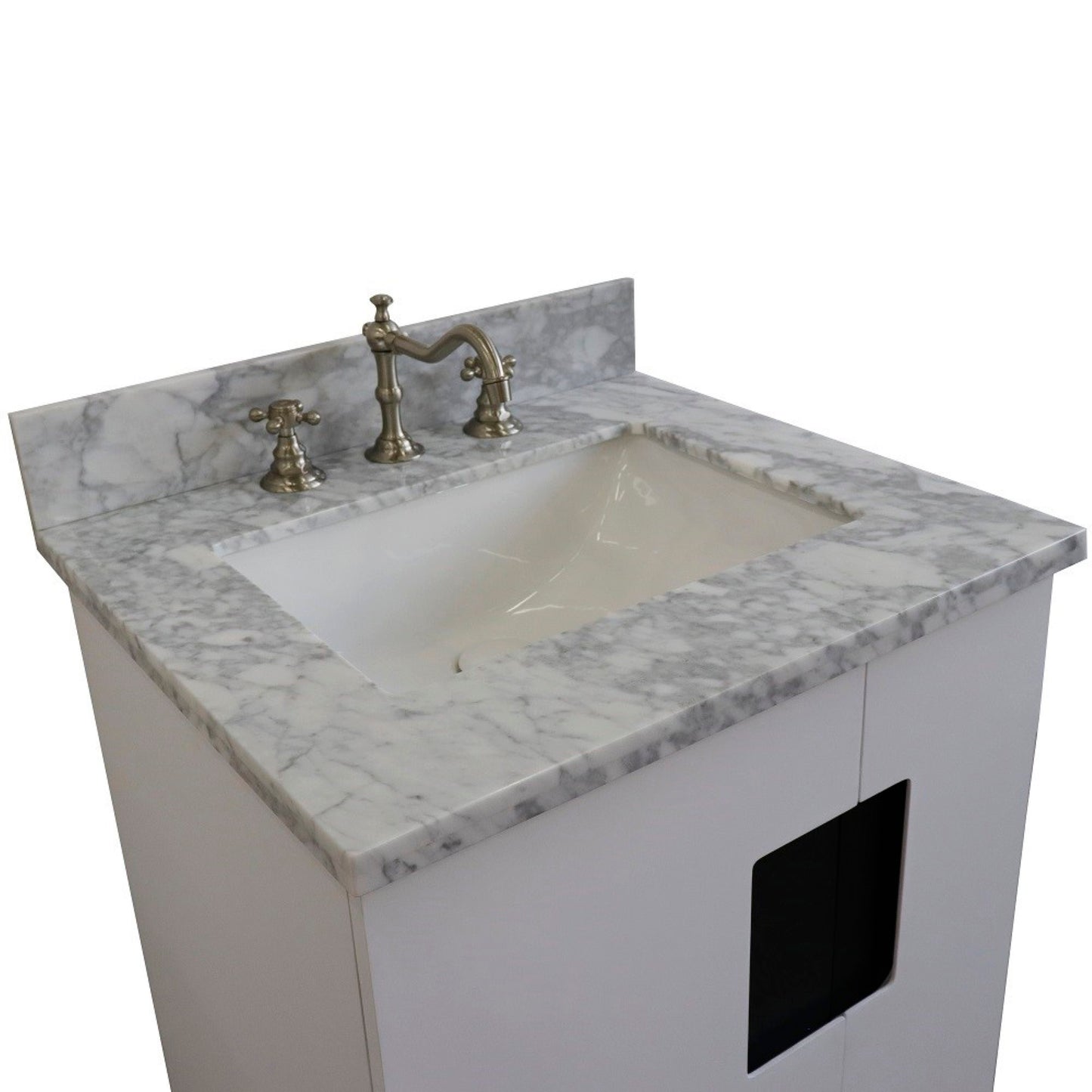 25" Single sink vanity in White finish with White Carrara marble and rectangle sink