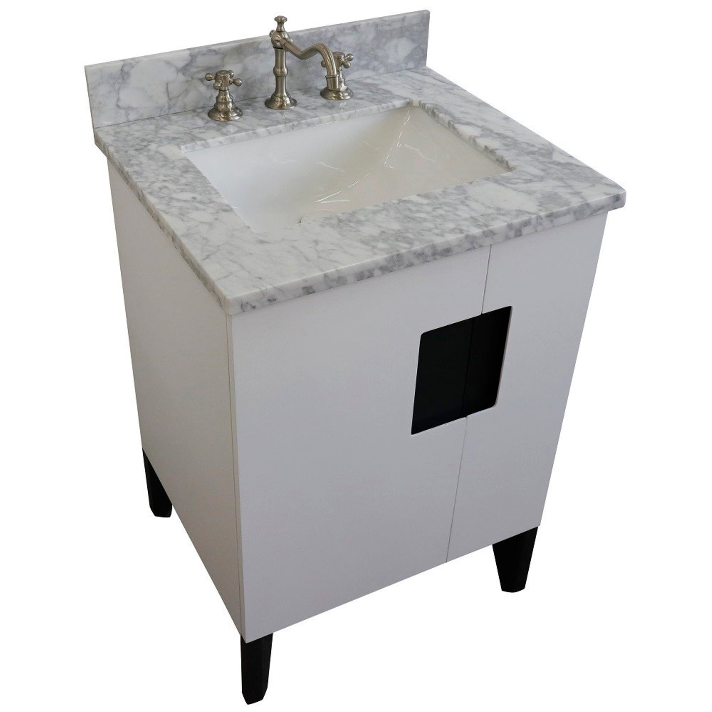 25" Single sink vanity in White finish with White Carrara marble and rectangle sink