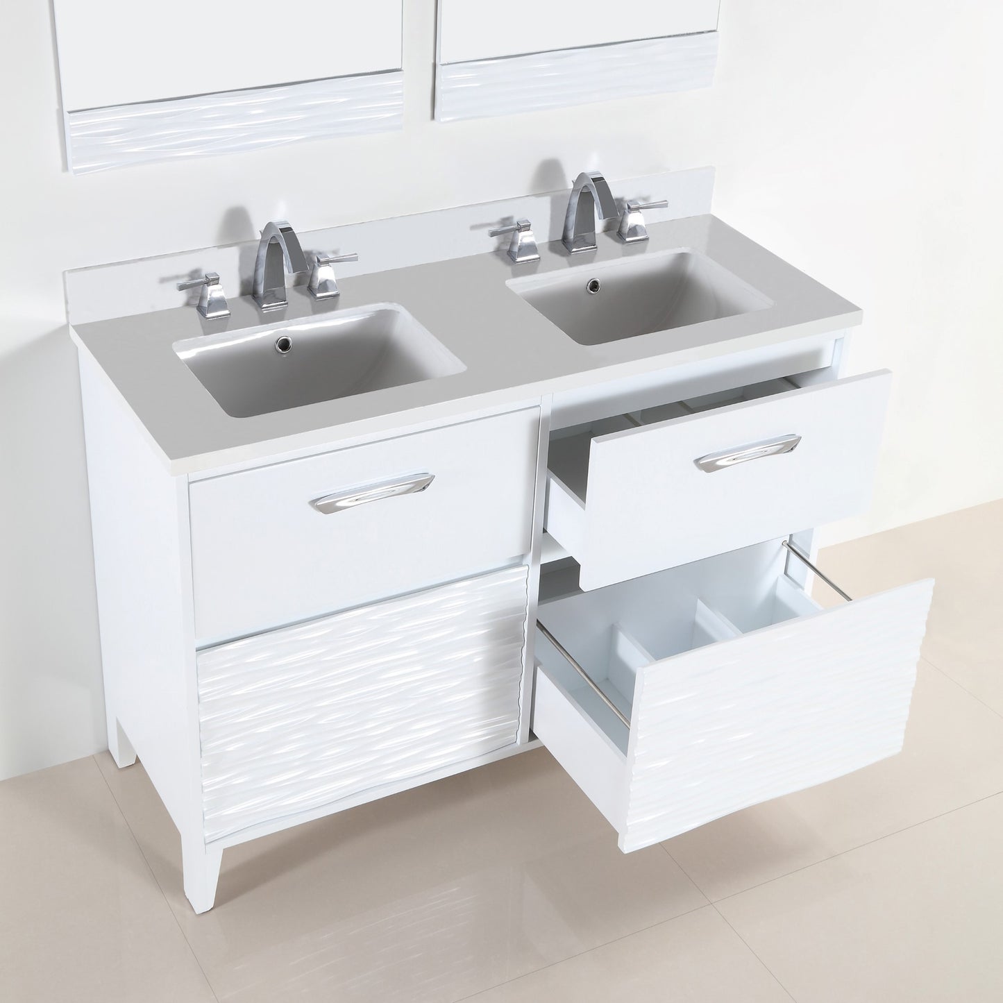48" Double sink vanity with white engineered stone top