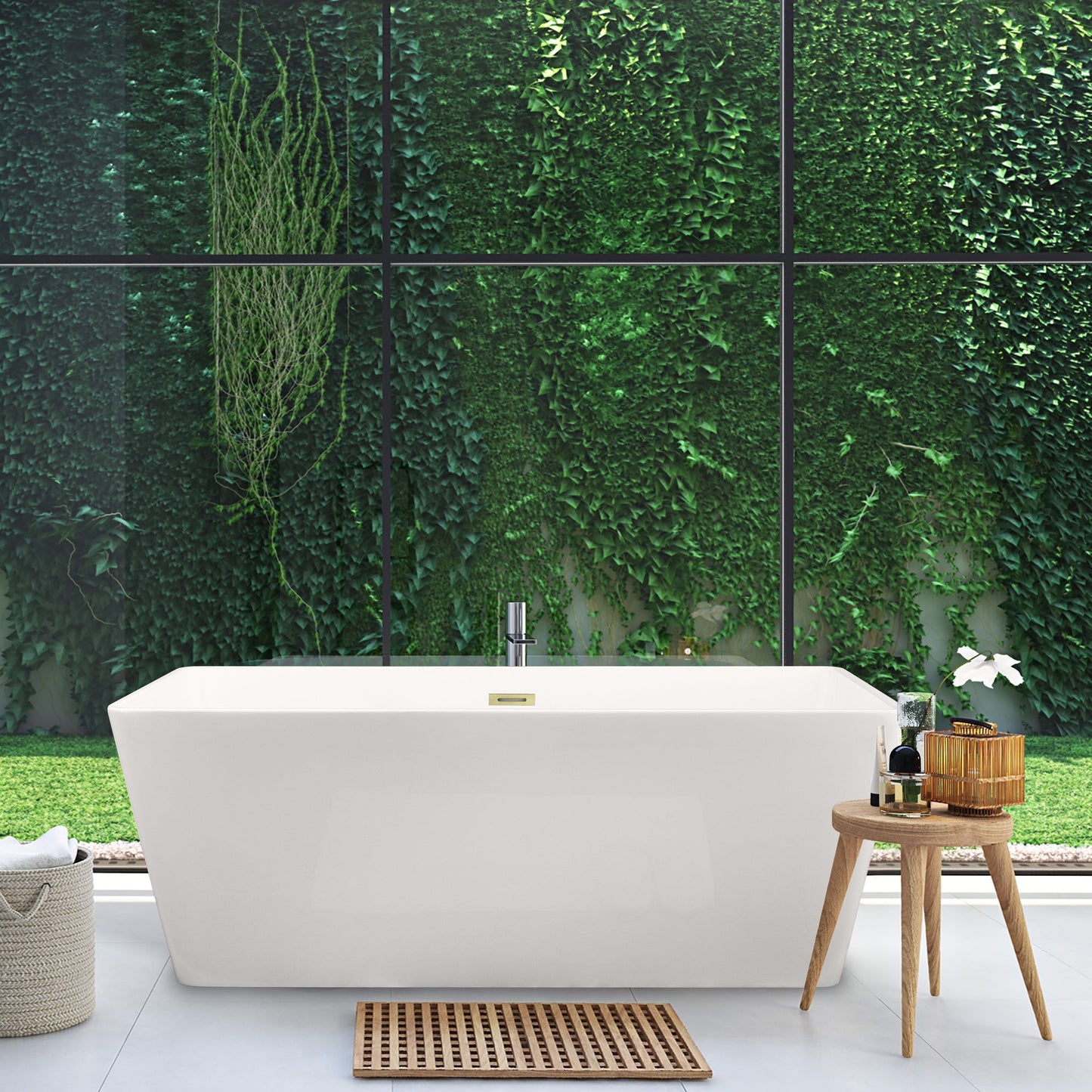 Terrak 59" x 28" Flatbottom Freestanding Acrylic Soaking Bathtub in Glossy White with Drain and Overflow