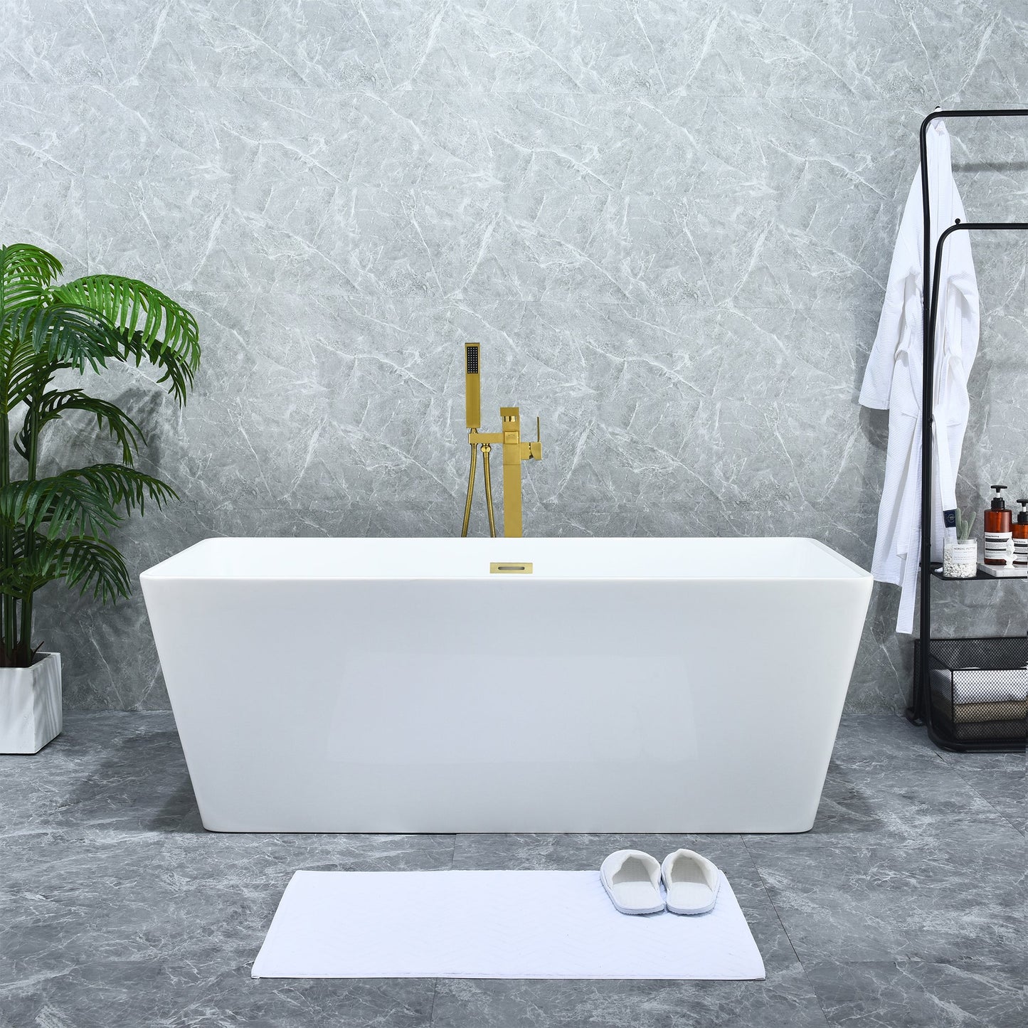 Terrak 59" x 28" Flatbottom Freestanding Acrylic Soaking Bathtub in Glossy White with Drain and Overflow
