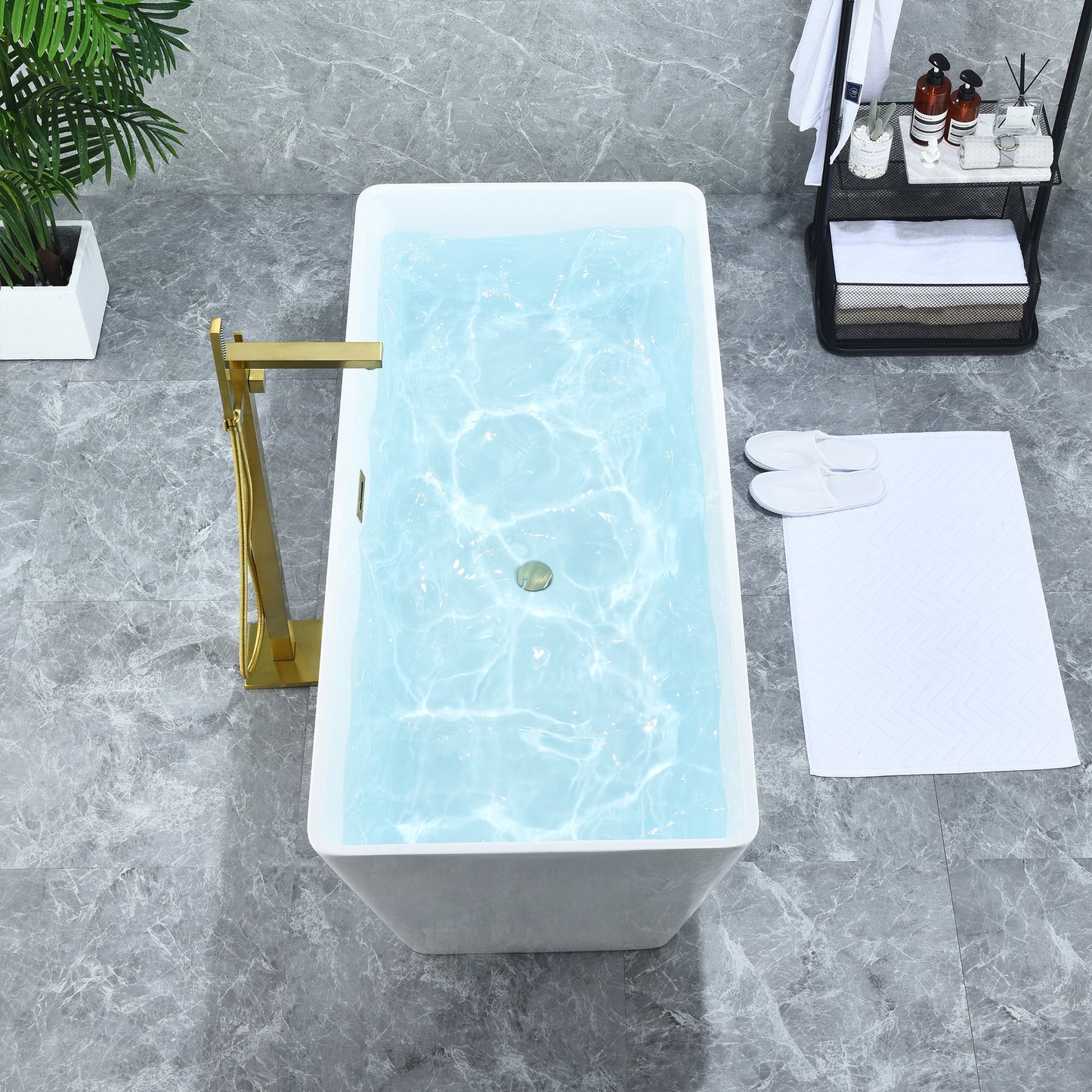 Terrak 59" x 28" Flatbottom Freestanding Acrylic Soaking Bathtub in Glossy White with Drain and Overflow