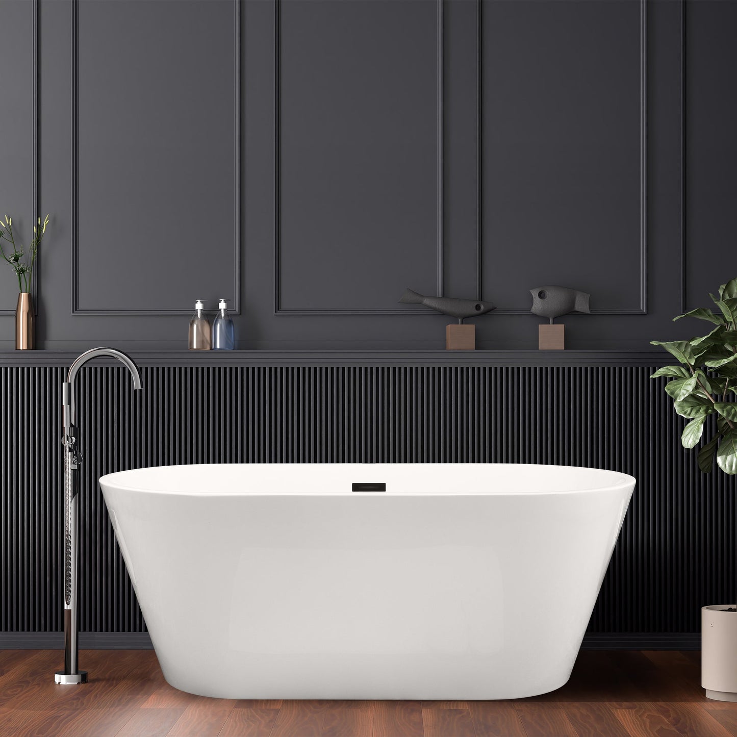 Kaprun 59" x 30" Flatbottom Freestanding Acrylic Soaking Bathtub in Glossy White with Drain and Overflow