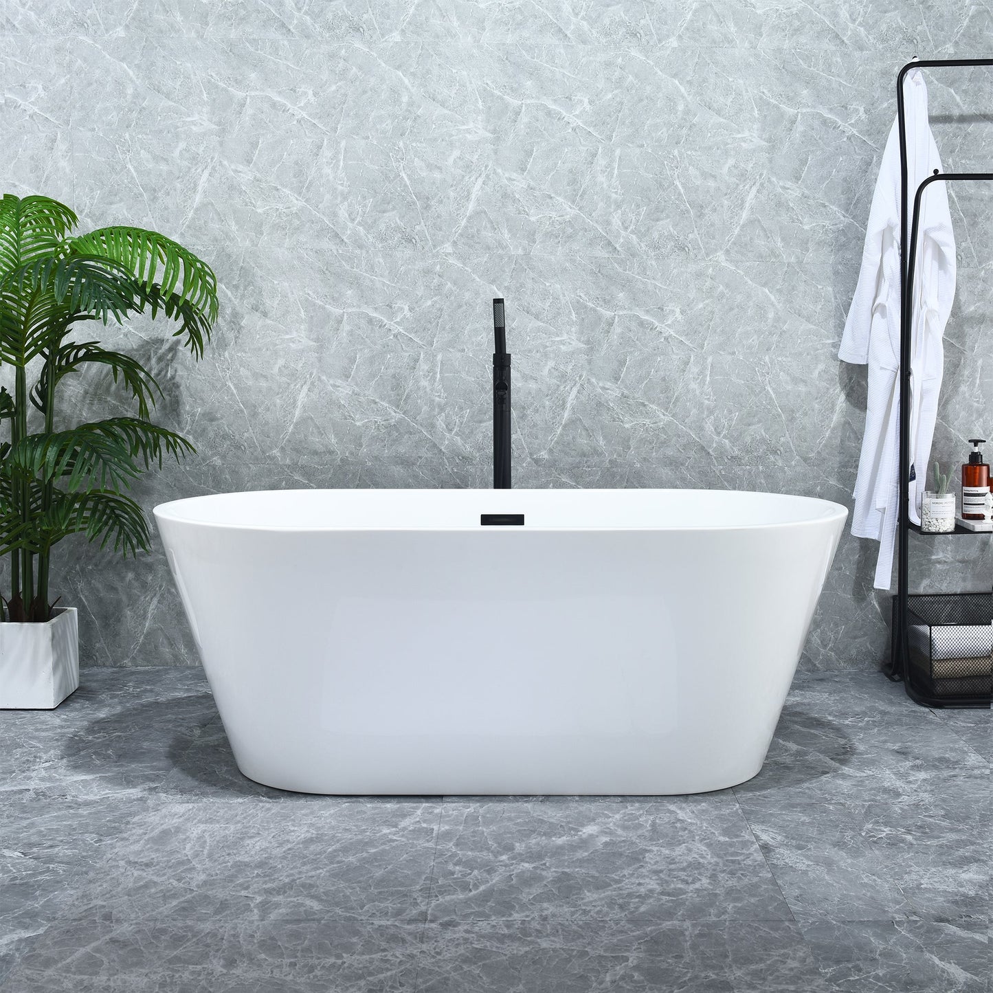 Kaprun 59" x 30" Flatbottom Freestanding Acrylic Soaking Bathtub in Glossy White with Drain and Overflow